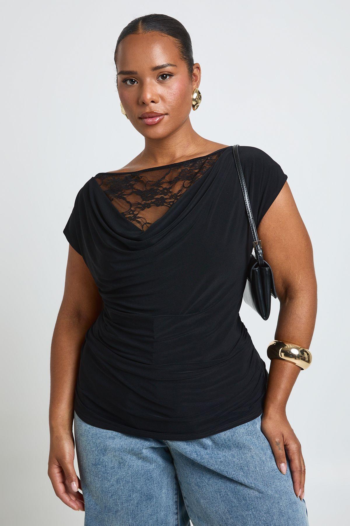 Plus Cowl Lace Insert Top by BOOHOO