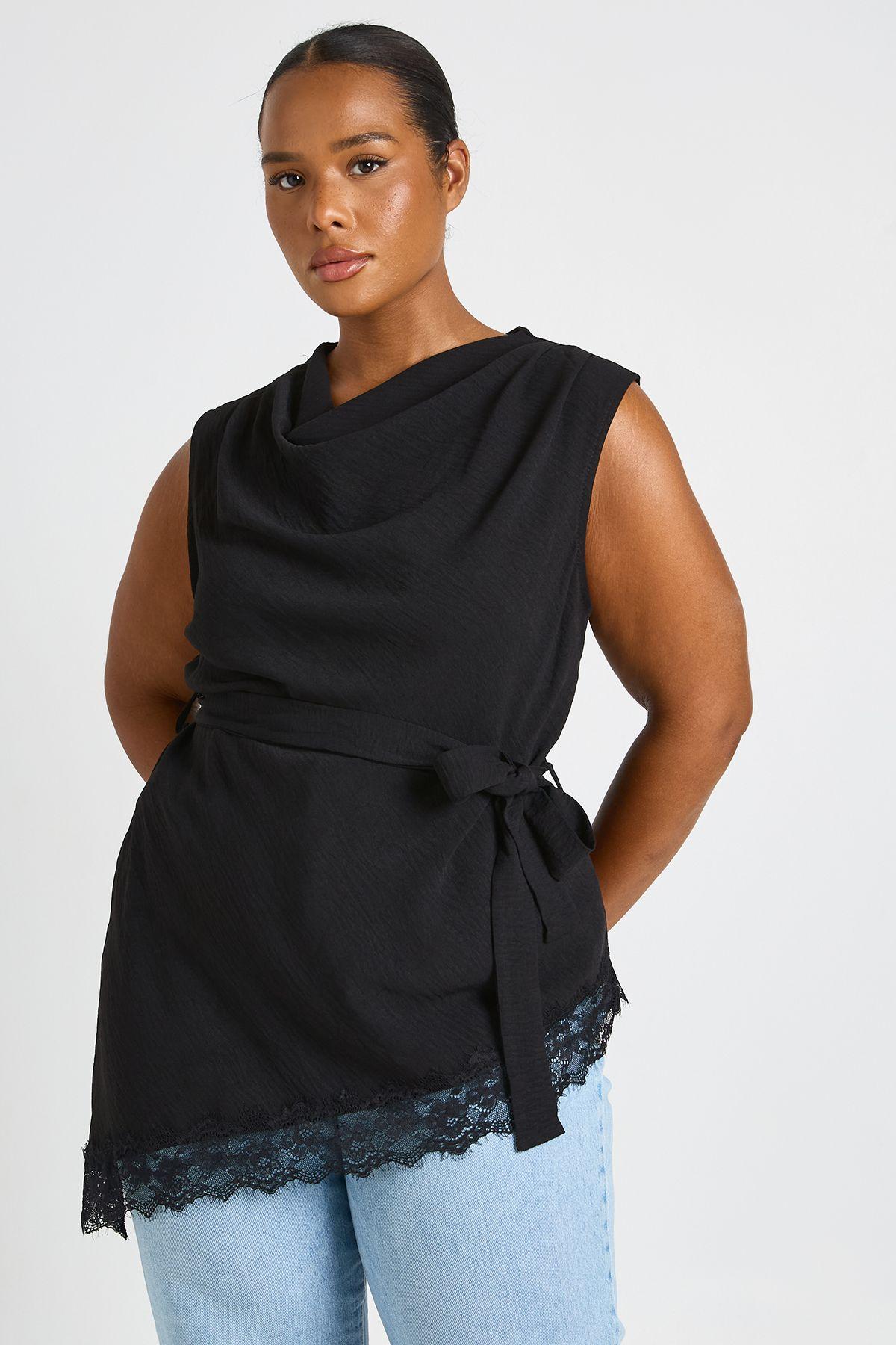 Plus Cowl Neck Tie Waist Lace Hem Asymmetric Top by BOOHOO