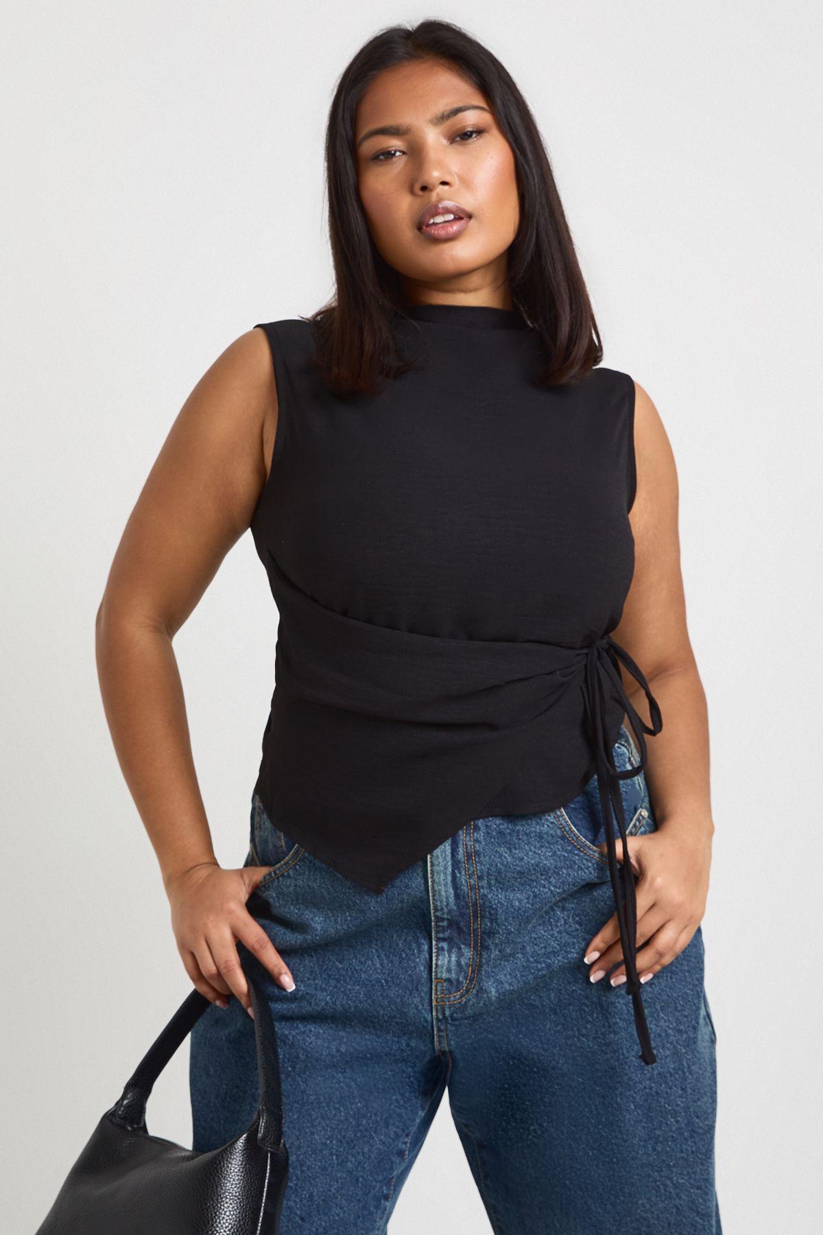 Plus Cowl Tie Front Asymmetric Top by BOOHOO