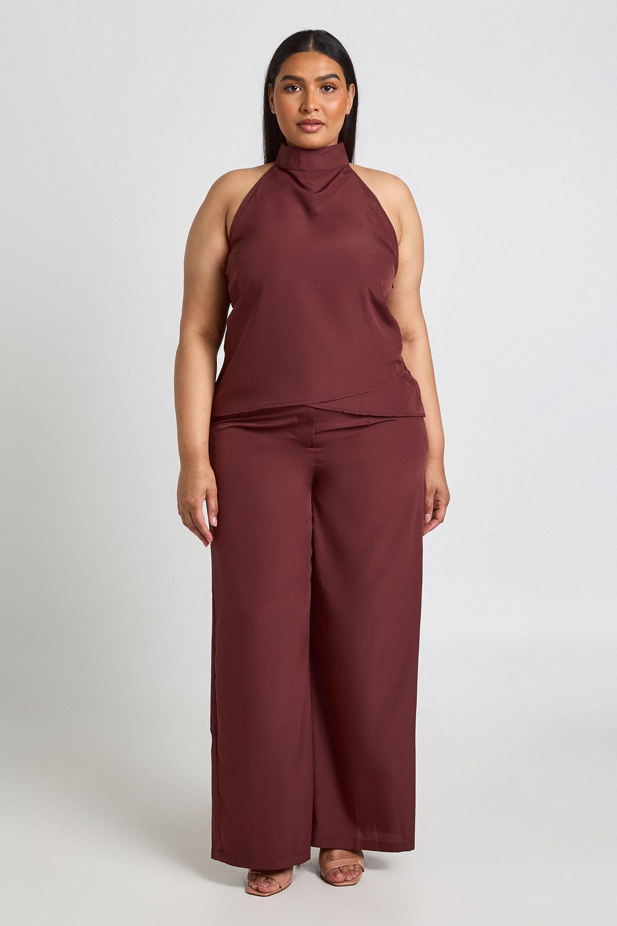 Plus Crepe Halterneck Top and Wide Leg Trouser Co-ord by BOOHOO