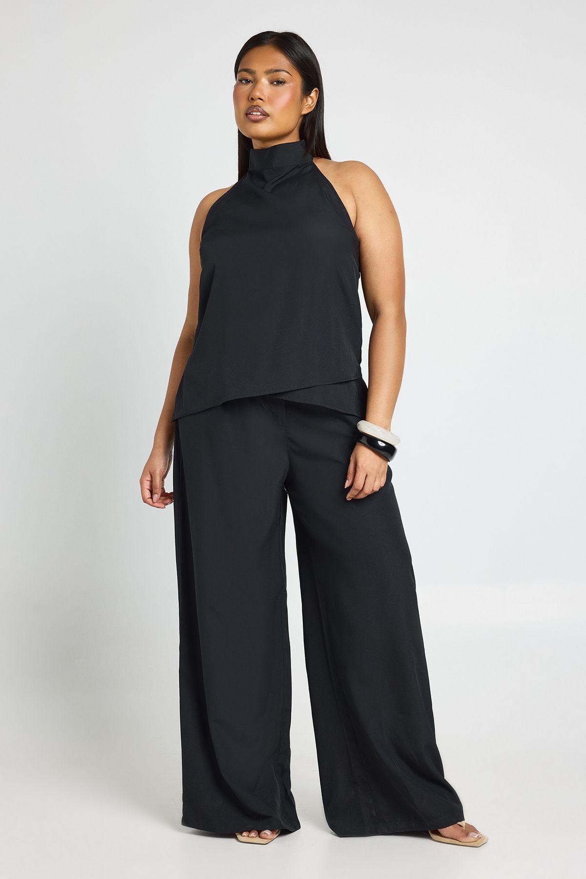 Plus Crepe Halterneck Top and Wide Leg Trouser Co-ord by BOOHOO