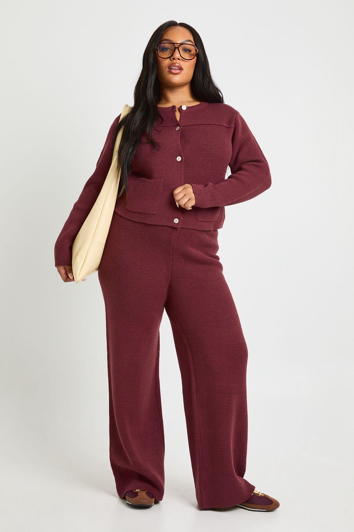 Plus Crew Neck Button Down Ballon Sleeve Cardigan And Wid Leg Trouser Co Ord by BOOHOO