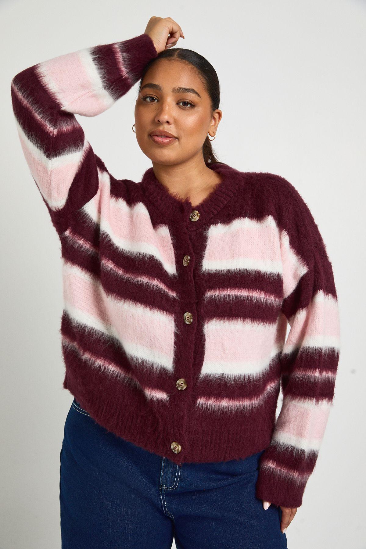 Plus Crew Neck Fluffy Stripe Cardigan by BOOHOO
