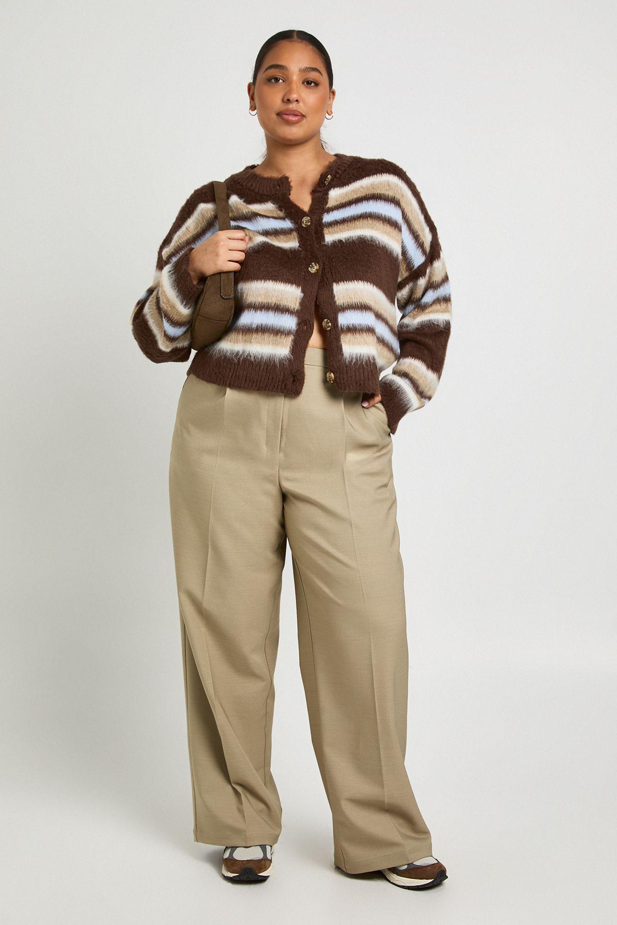 Plus Crew Neck Fluffy Stripe Cardigan by BOOHOO