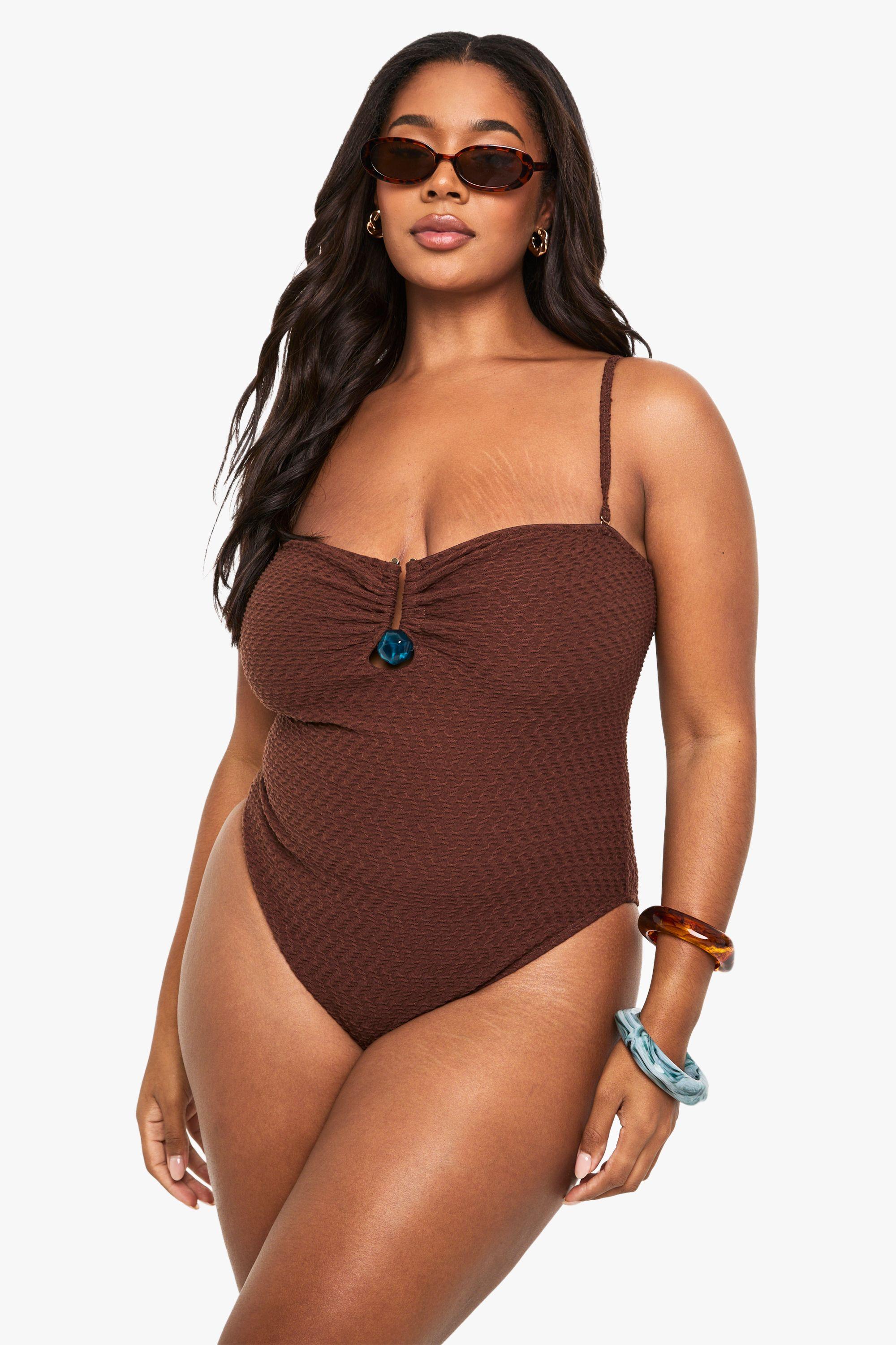 Plus Crinkle Gem Trim Bandeau Swimsuit by BOOHOO