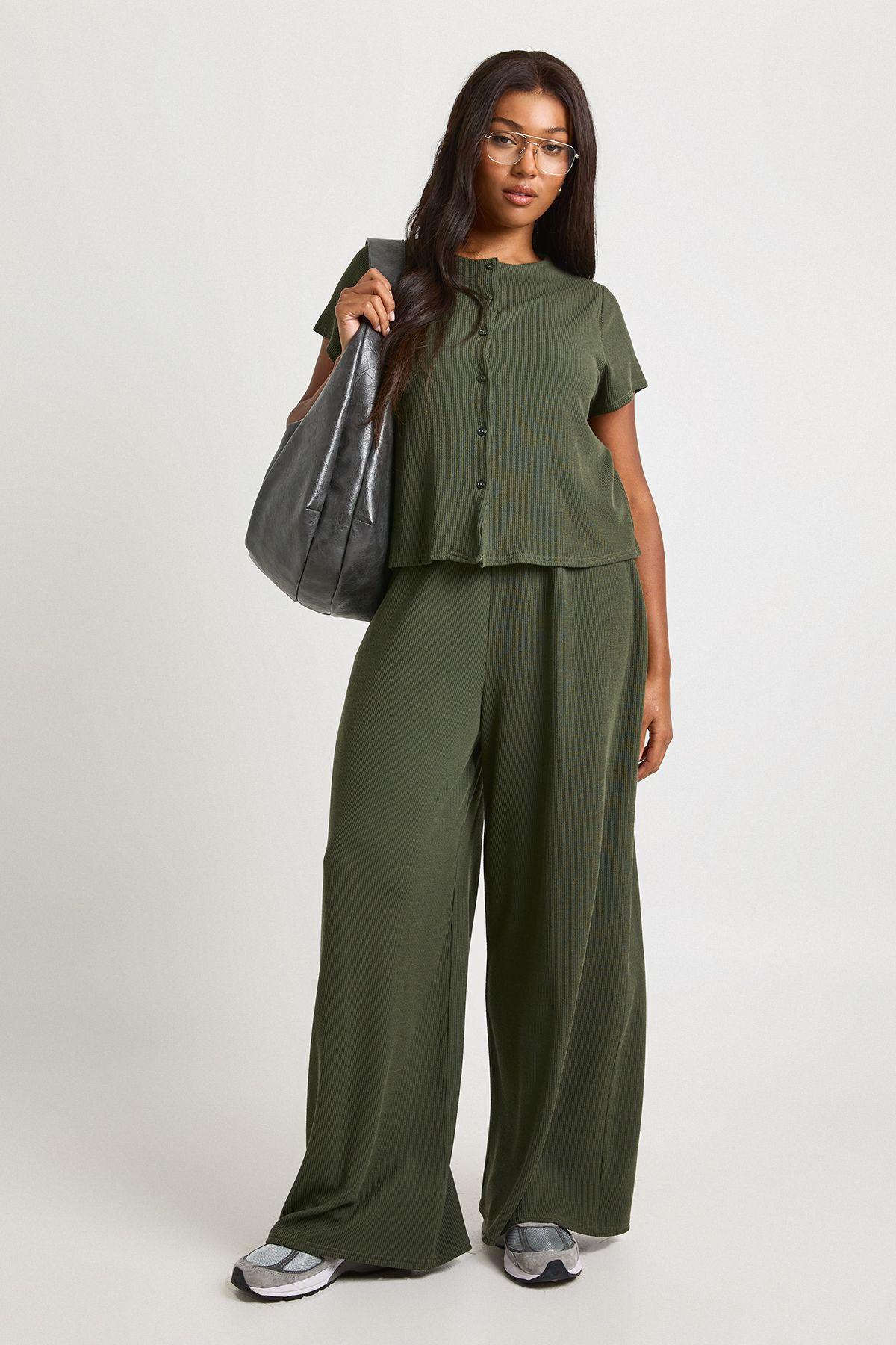 Plus Crinkle Rib Button Through Cap Sleeve Top and Trouser Set by BOOHOO
