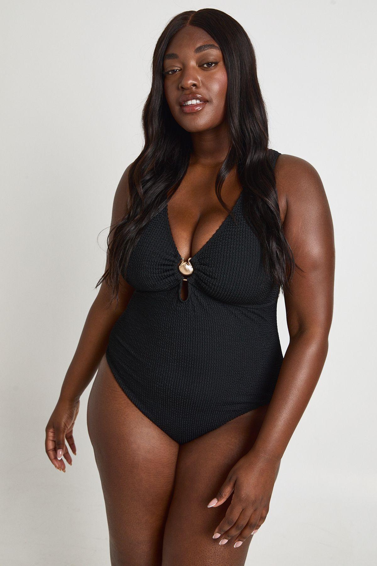 Plus Crinkle Shell Trim Plunge Swimsuit by BOOHOO