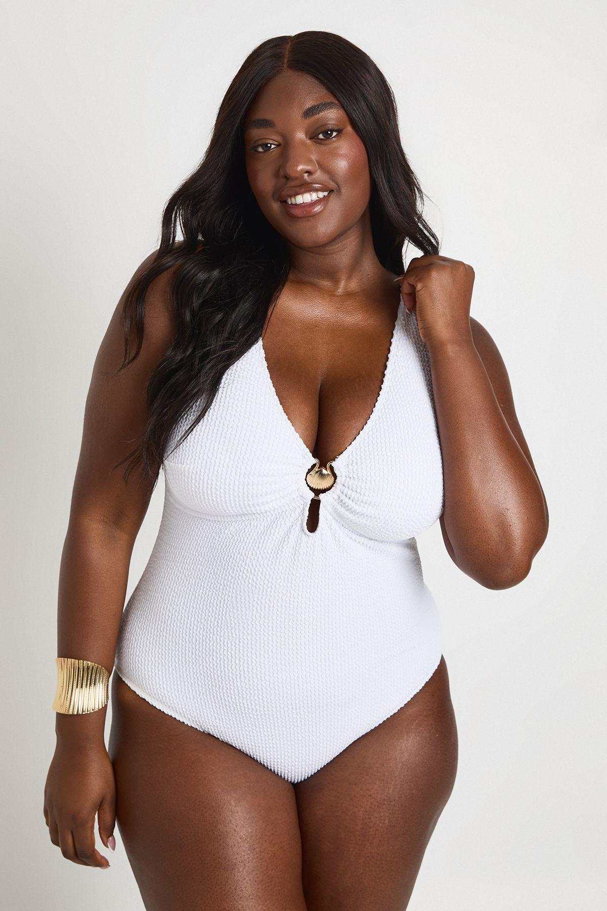 Plus Crinkle Shell Trim Plunge Swimsuit by BOOHOO