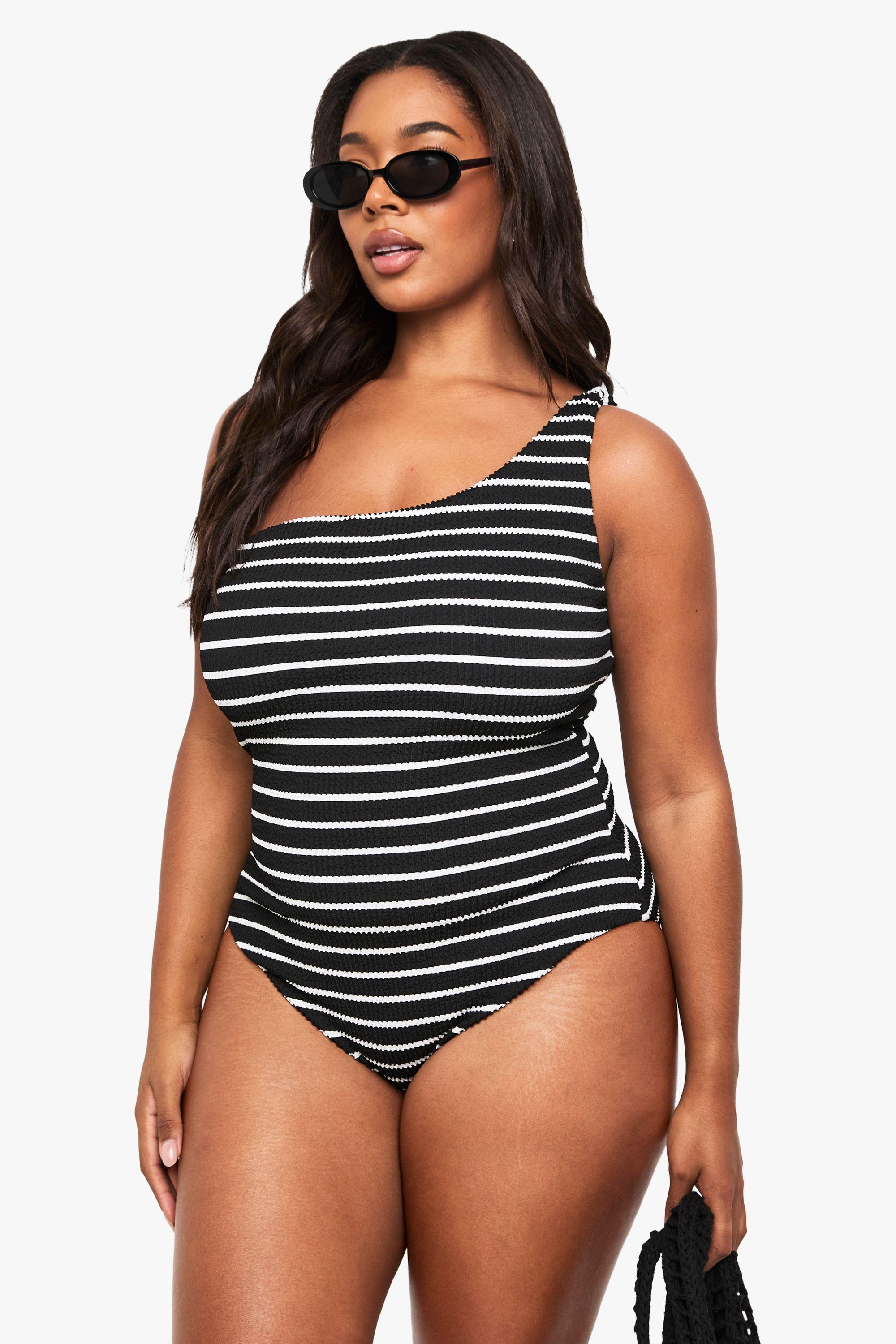 Plus Crinkle Stripe One Shoulder Swimsuit by BOOHOO