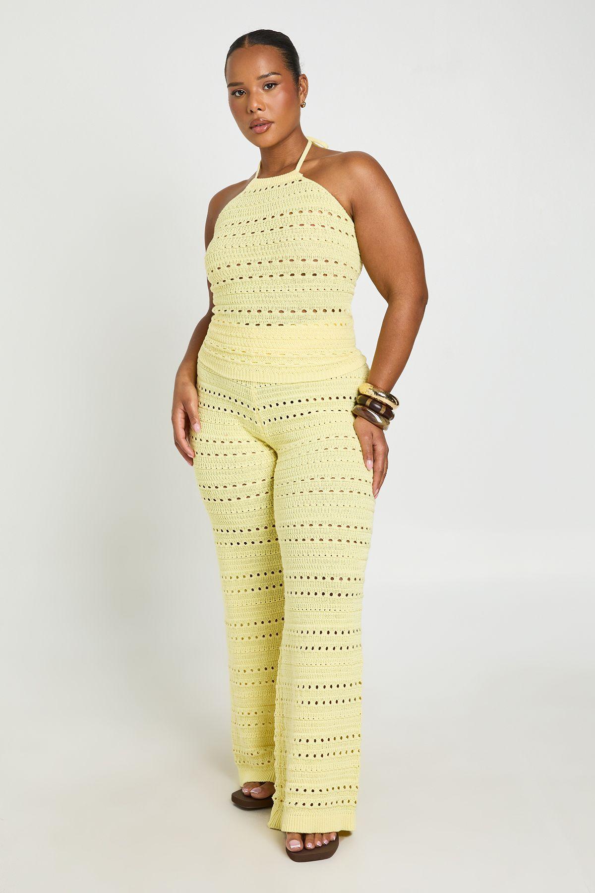 Plus Crochet Knit Halterneck Top and Wide Leg Trouser Co-Ord by BOOHOO