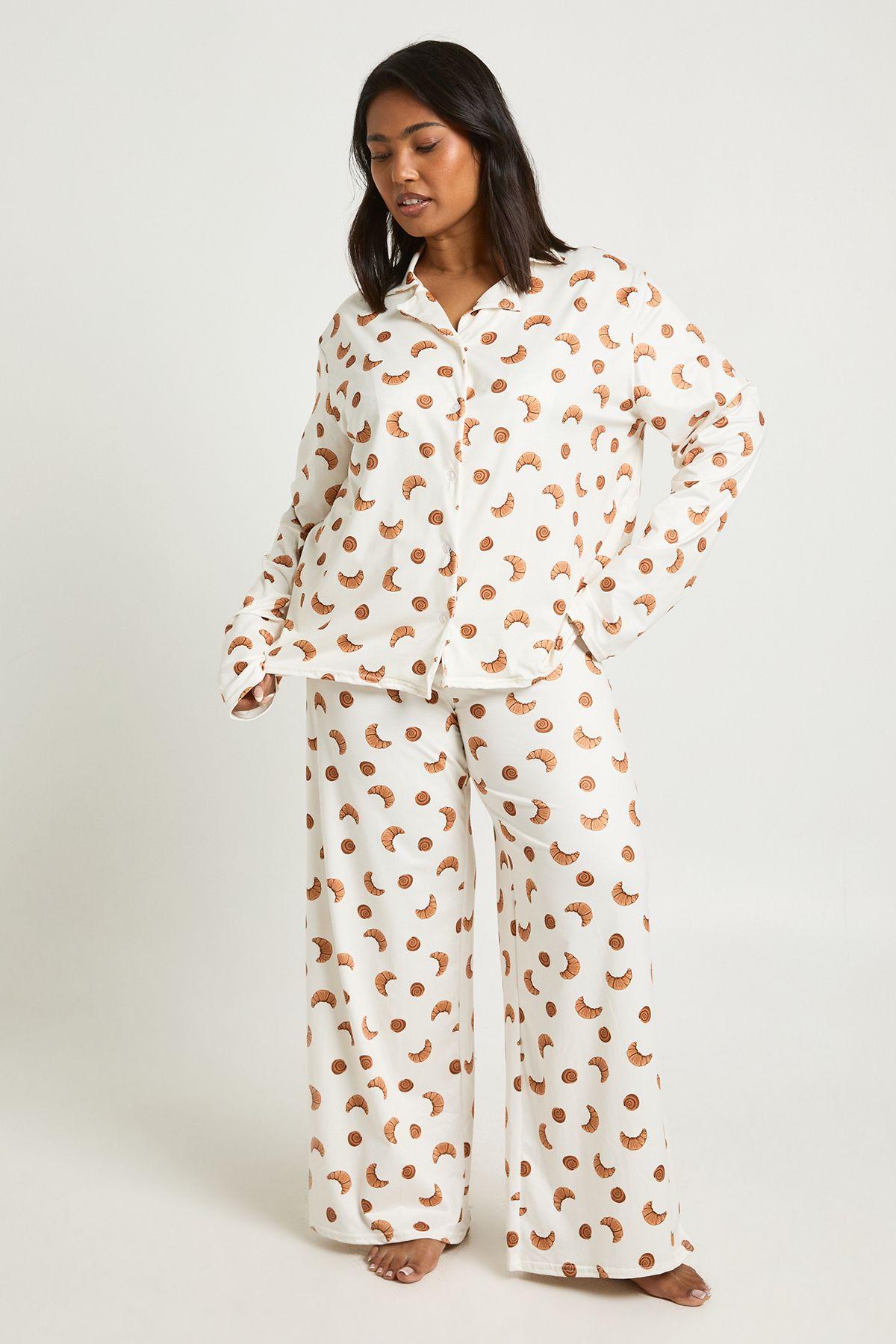 Plus Croissant Print Long Sleeve Shirt & Trouser Pyjama Set by BOOHOO Plus Croissant Print Long Sleeve Shirt & Trouser Pyjama Set by BOOHOO