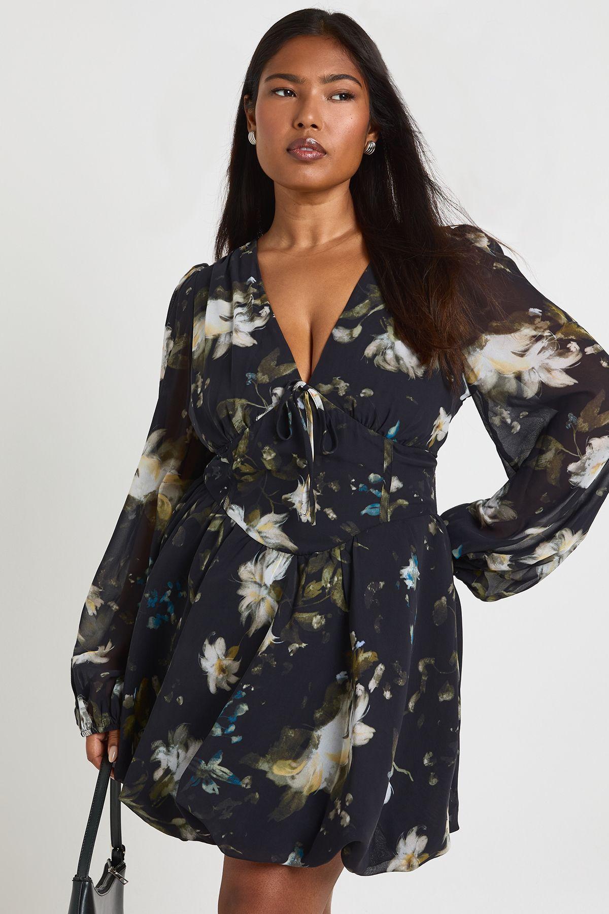 Plus Dark Floral Puffball Hem Skater by BOOHOO