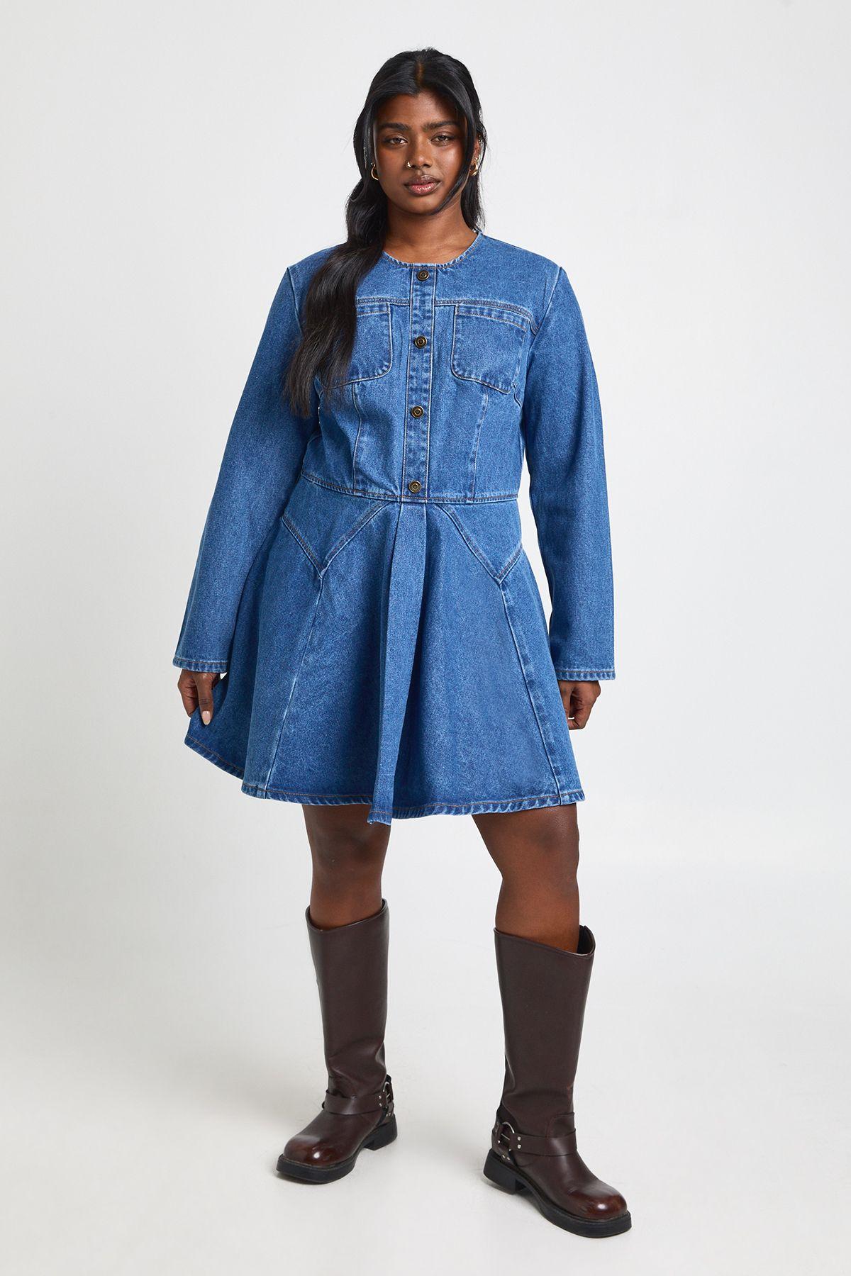 Plus Denim Button Skater Dress by BOOHOO