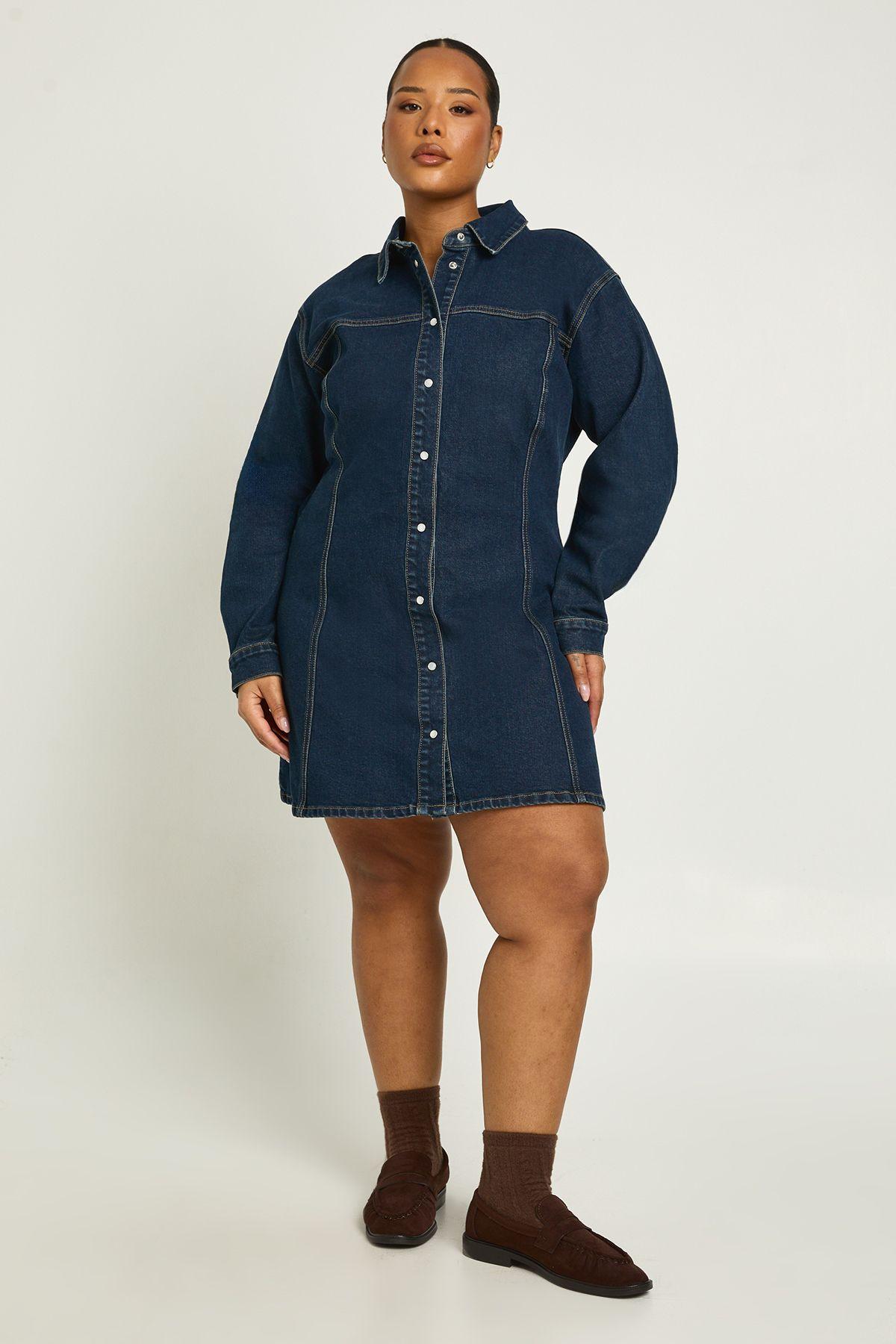 Plus Denim Cinched Button Down Skater Dress by BOOHOO