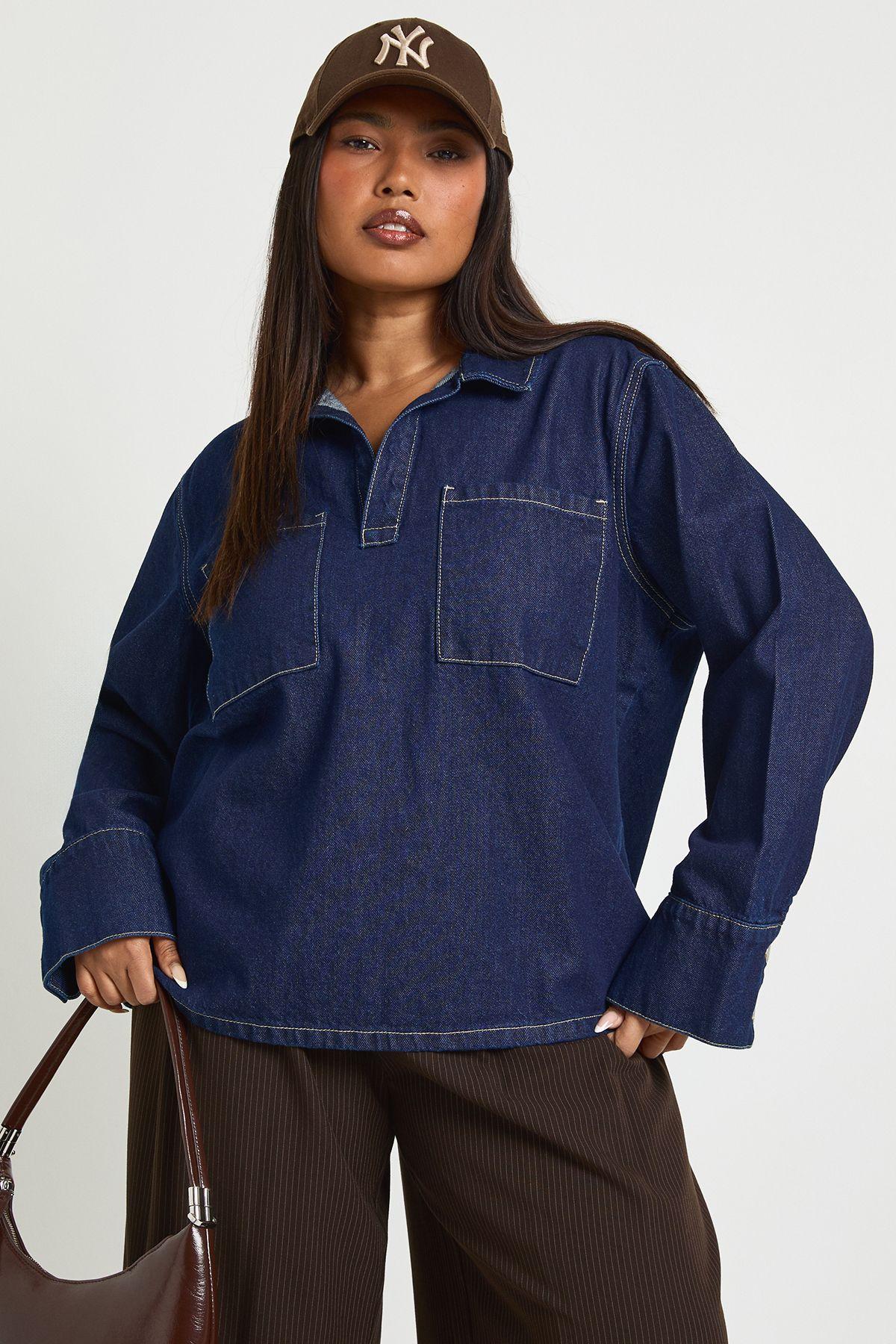 Plus Denim Collared Rugby Shirt by BOOHOO