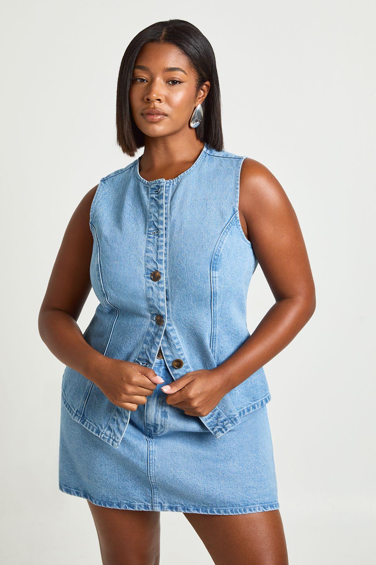 Plus Denim Horn Button Down Waistcoat by BOOHOO