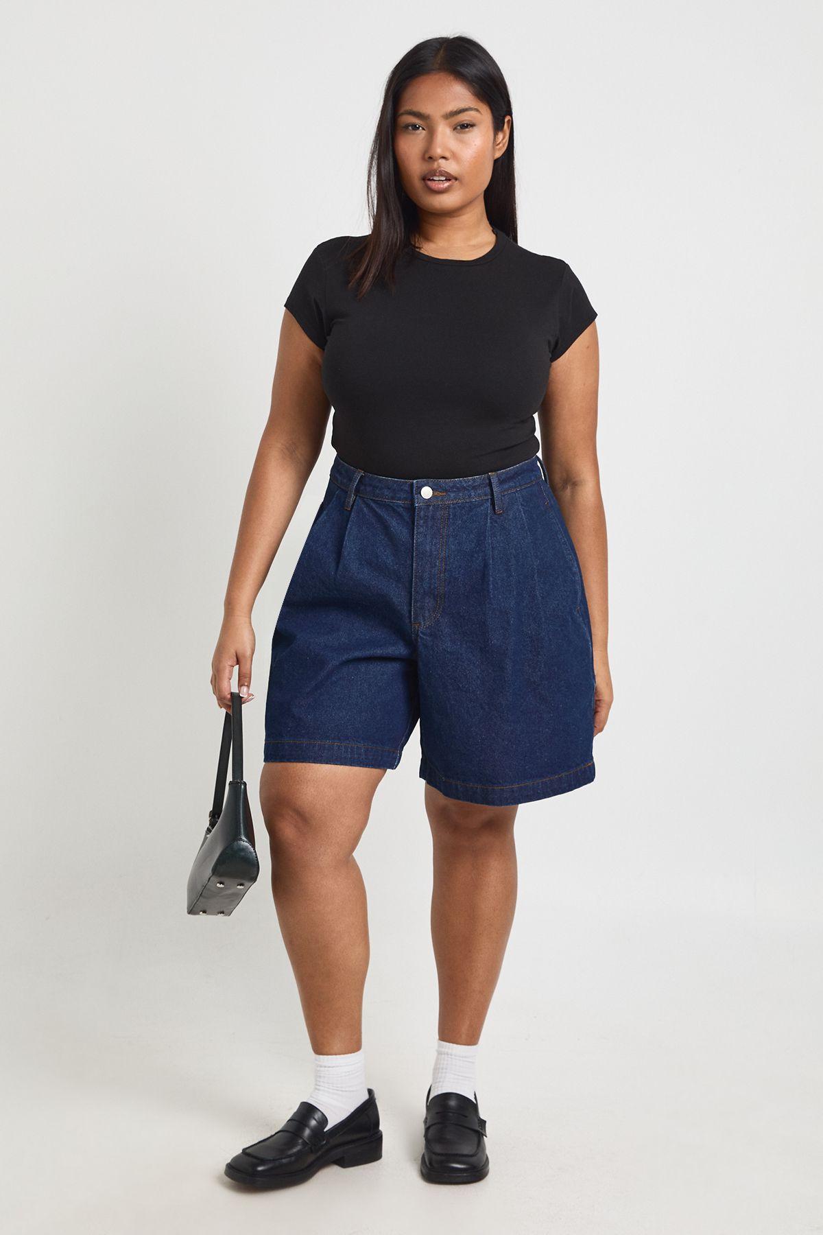 Plus Denim Pleated Boyfriend Short by BOOHOO