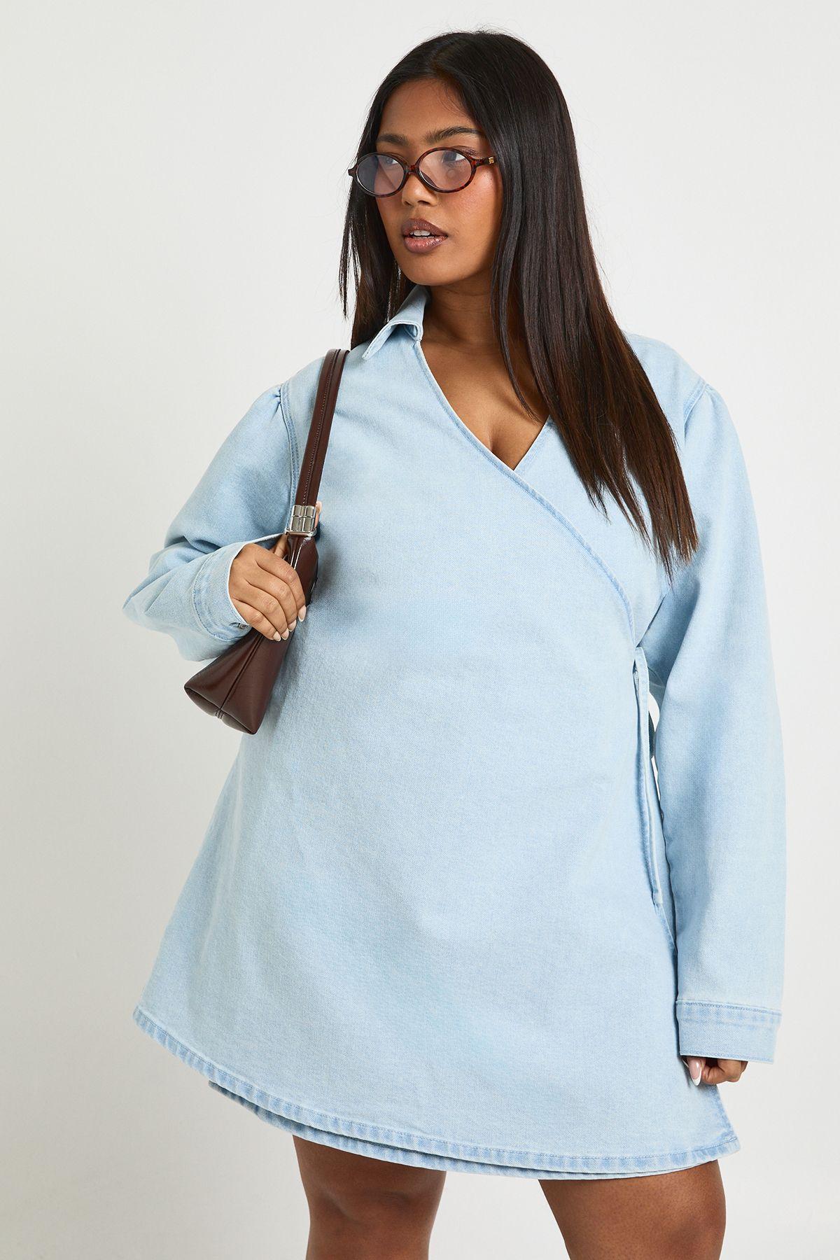 Plus Denim Wrap Dres by BOOHOO
