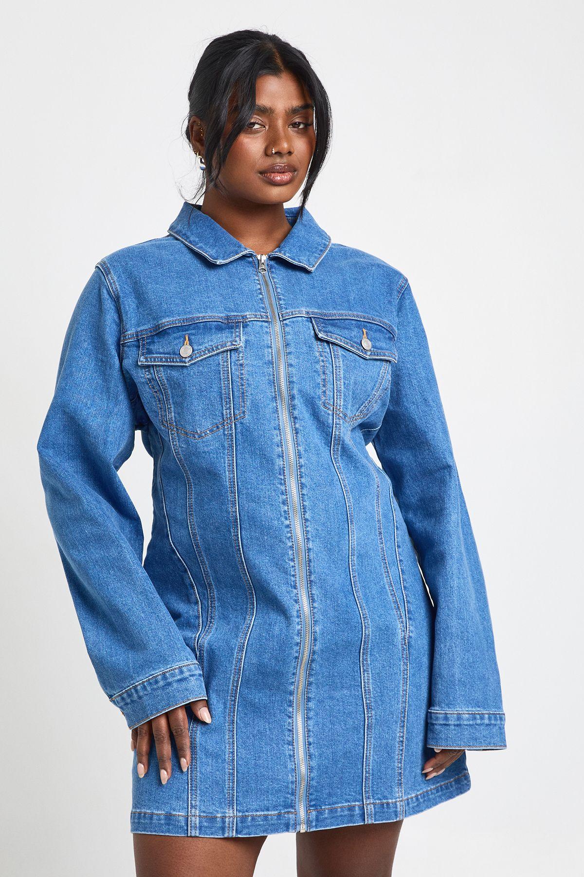Plus Denim Zip Up Shift Dress by BOOHOO