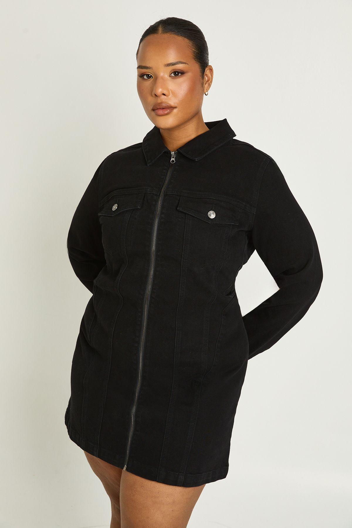 Plus Denim Zip Up Shift Dress by BOOHOO