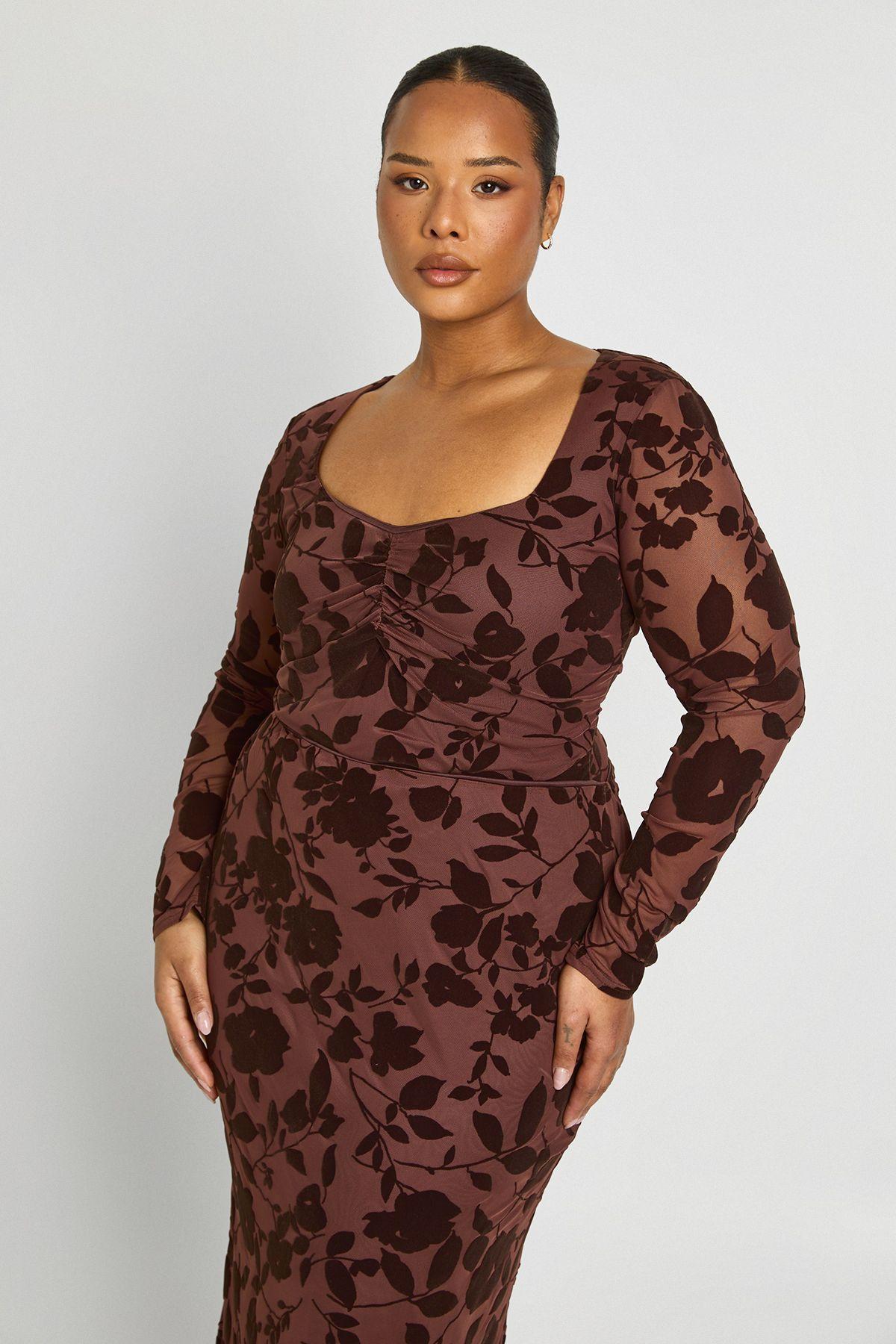 Plus Devore Ruched Bust Long Sleeve Bodysuit by BOOHOO