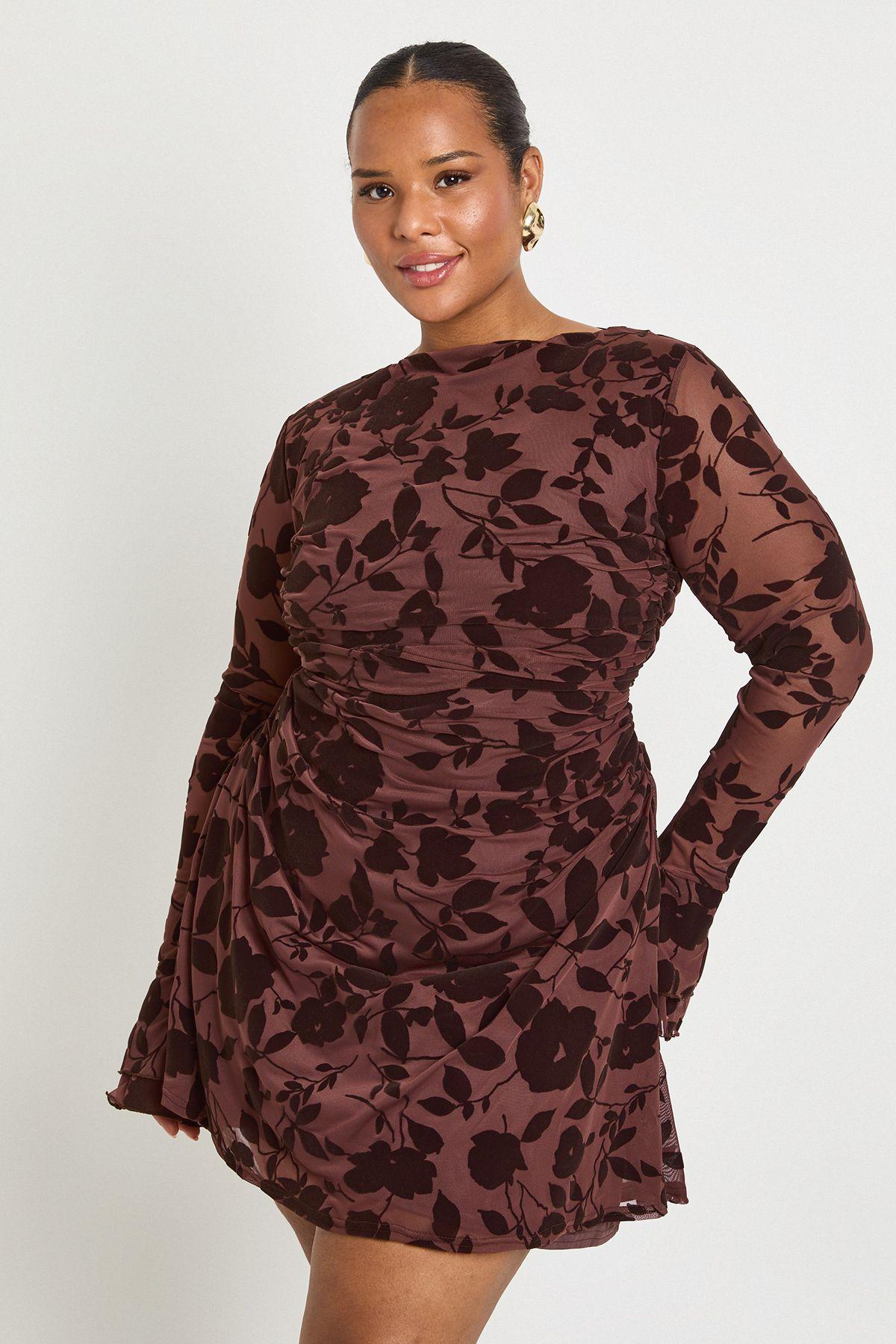 Plus Devore Ruched Waist Flared Sleeve Skater Dress by BOOHOO Plus Devore Ruched Waist Flared Sleeve Skater Dress by BOOHOO