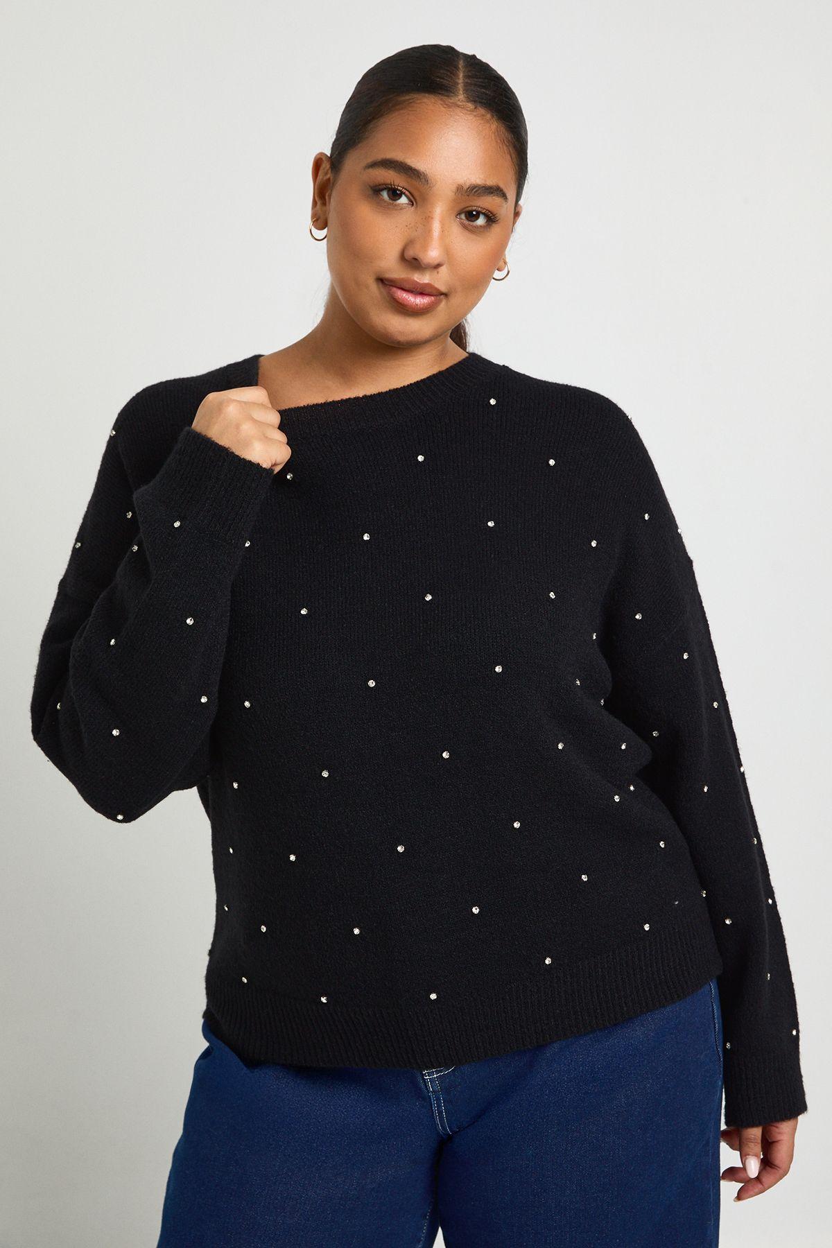 Plus Diamante Crew Neck Jumper by BOOHOO