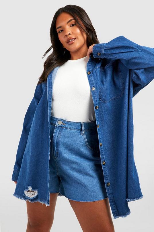 Plus Distressed Hem Pocket Denim Shirt by BOOHOO
