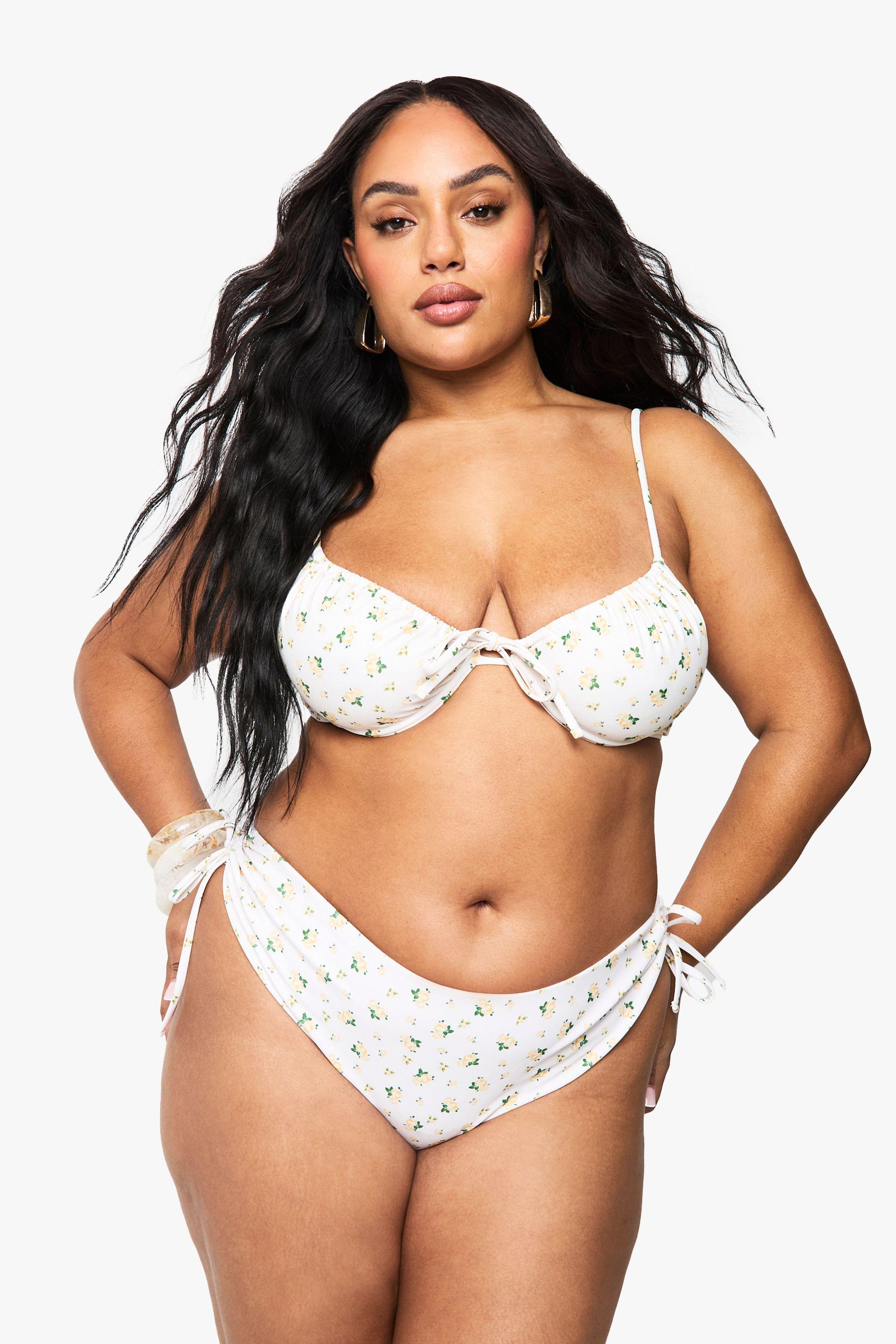 Plus Ditsy Floral Ruched Bum Tie Side Bikini Brief by BOOHOO