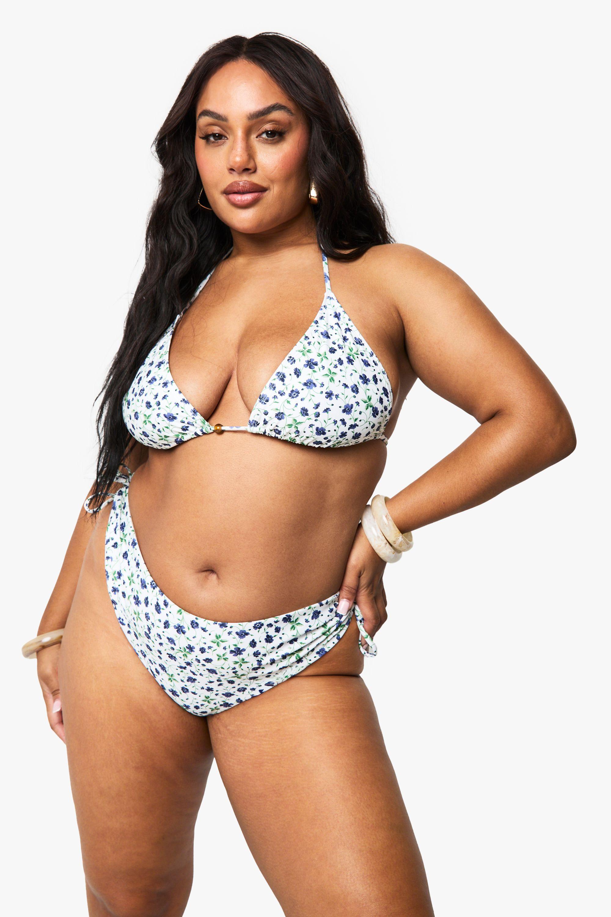 Plus Ditsy Floral beaded Asymmetric Tie Side Bikini Brief by BOOHOO