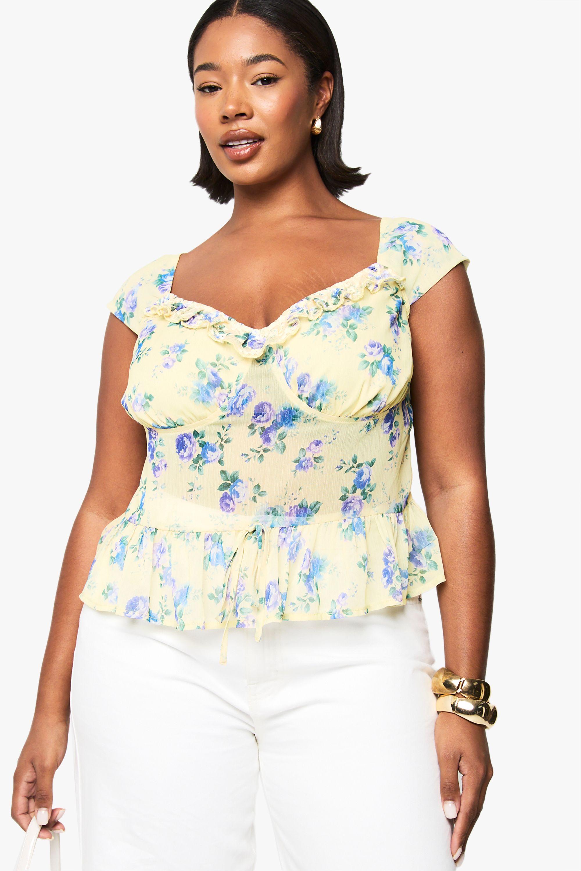 Plus Ditsy Ruffle Detail Peplum Top by BOOHOO