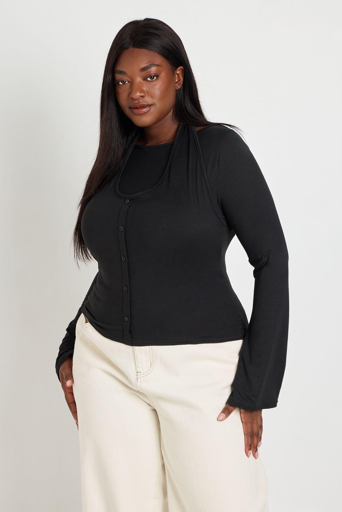 Plus Double Layer Halter Neck Button Down Top by BOOHOO