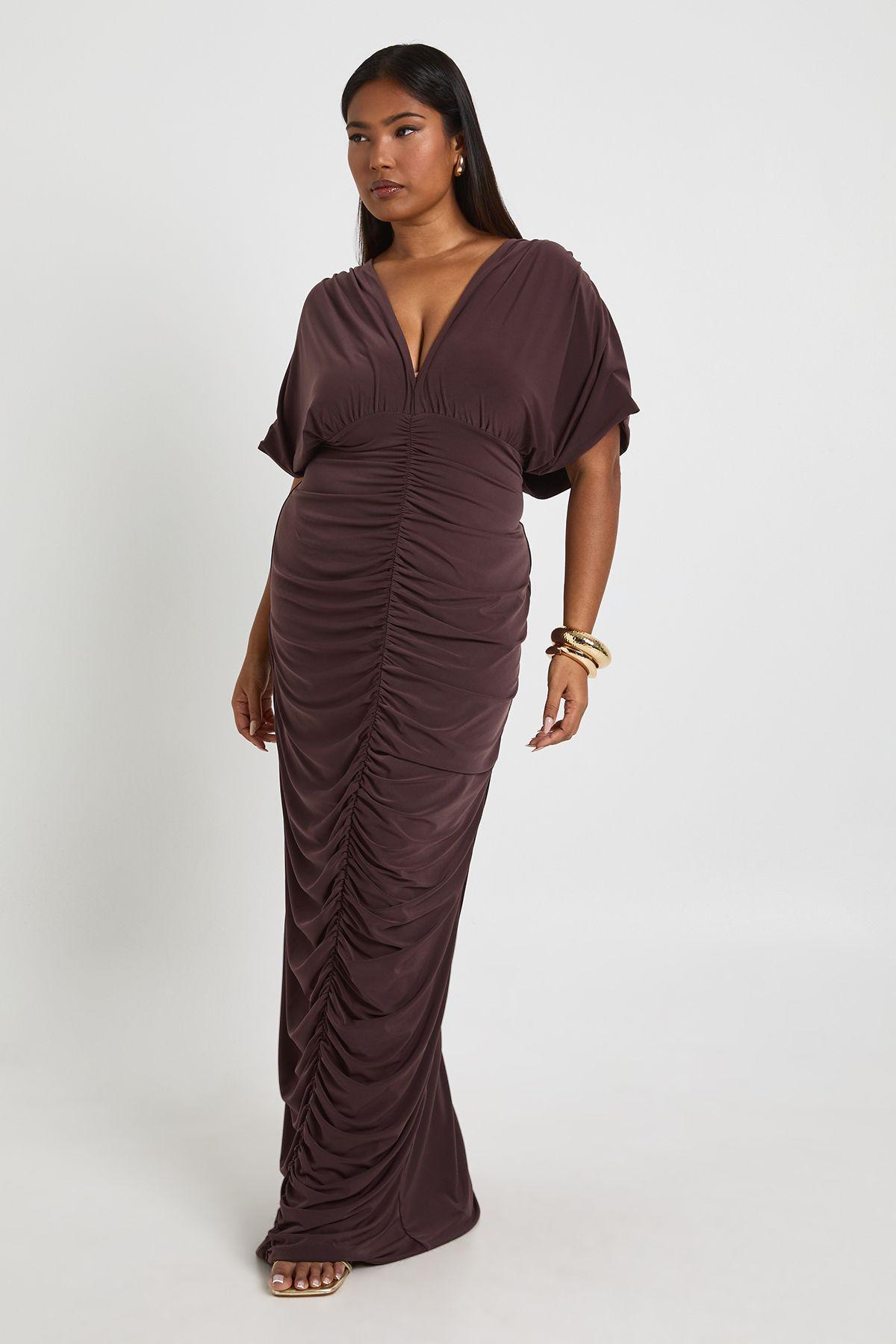Plus Double Layer Ruched Plunge Batwing Maxi Dress by BOOHOO Plus Double Layer Ruched Plunge Batwing Maxi Dress by BOOHOO