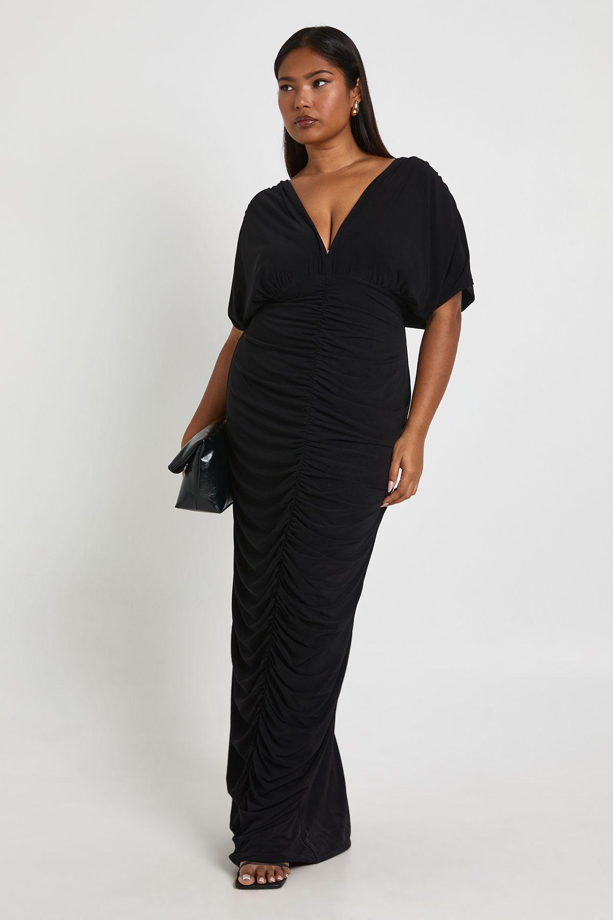 Plus Double Layer Ruched Plunge Batwing Maxi Dress by BOOHOO