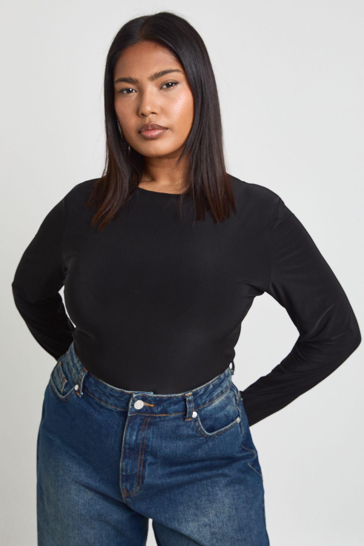 Plus Double Layer Slinky Long Sleeve Bodysuit by BOOHOO
