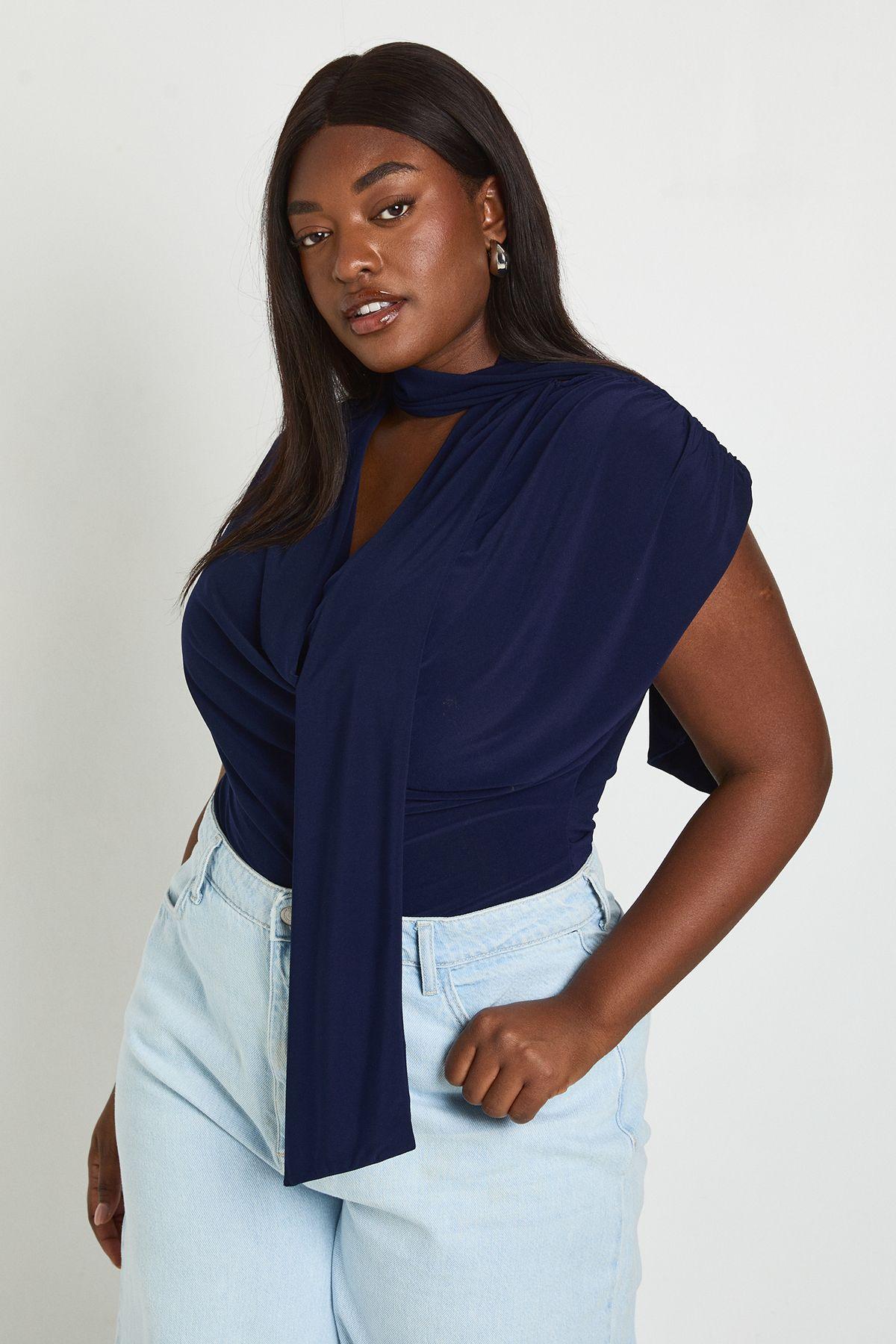 Plus Double Layer Slinky Scarf Detail Ruched Shoulder Bodysuit by BOOHOO