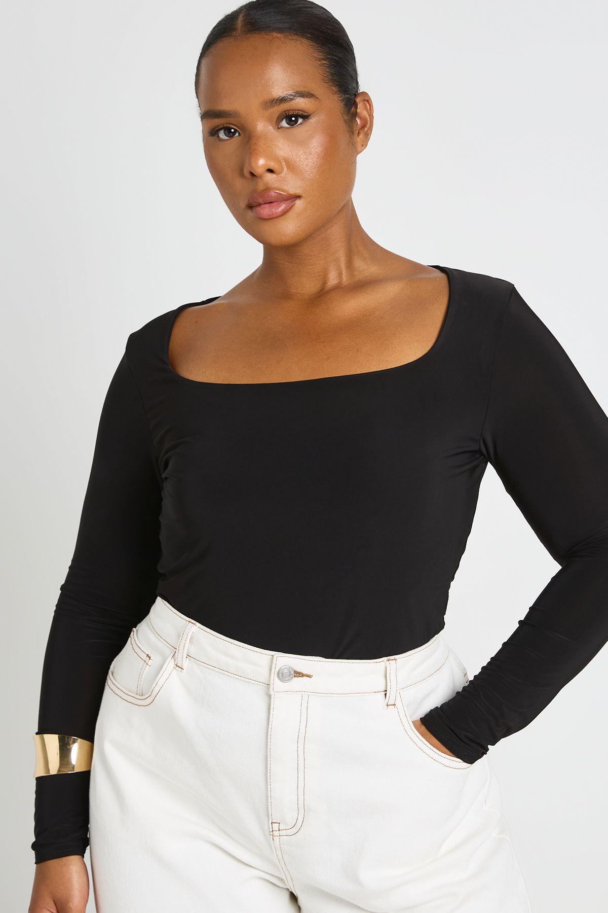 Plus Double Layer Slinky Square Neck Long Sleeve Top by BOOHOO
