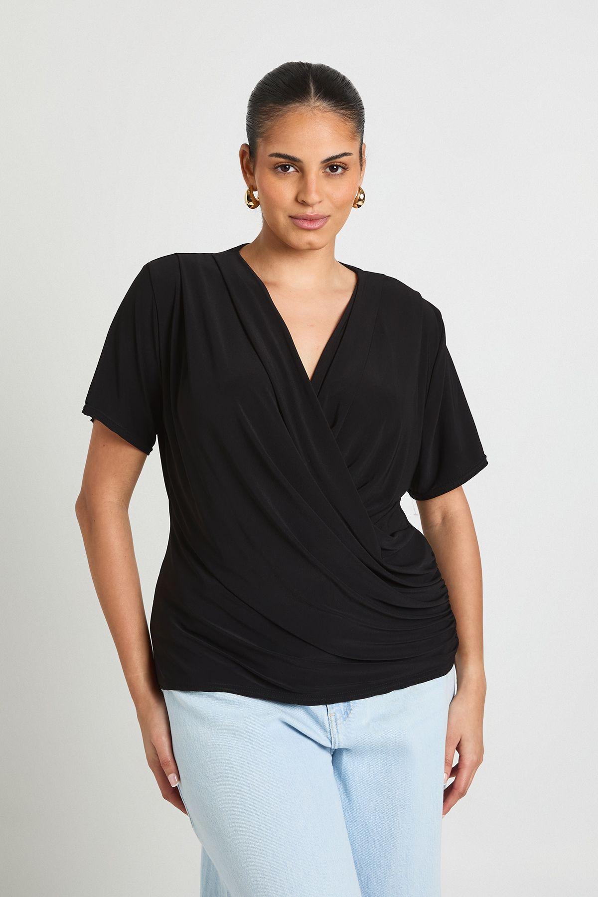 Plus Double Layer Slinky Super Cowl Neck Short Sleeve Ruched Top by BOOHOO