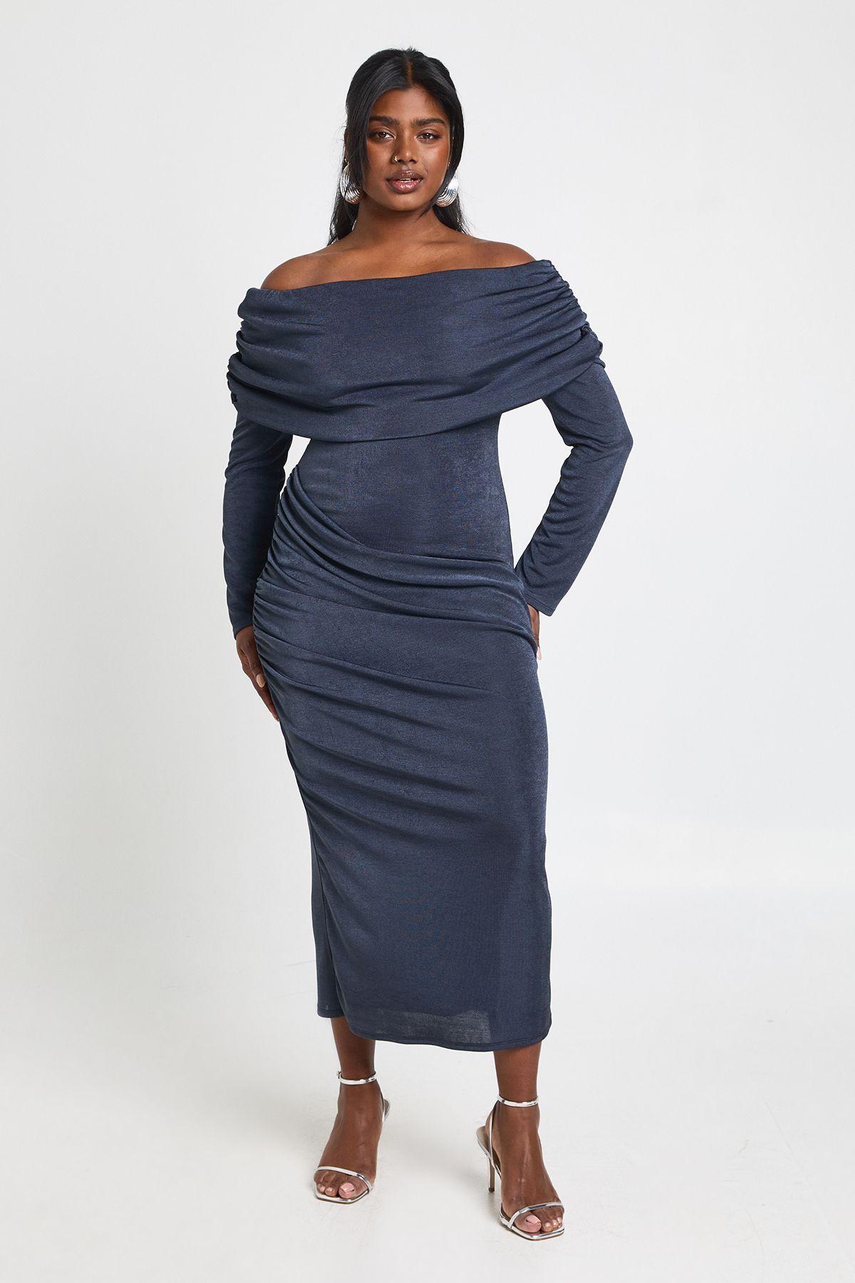 Plus Drape Front Bardot Midaxi Dress by BOOHOO