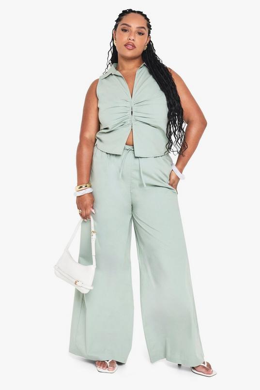 Plus Drawstring Waist Poplin Wide Leg Trouser by BOOHOO