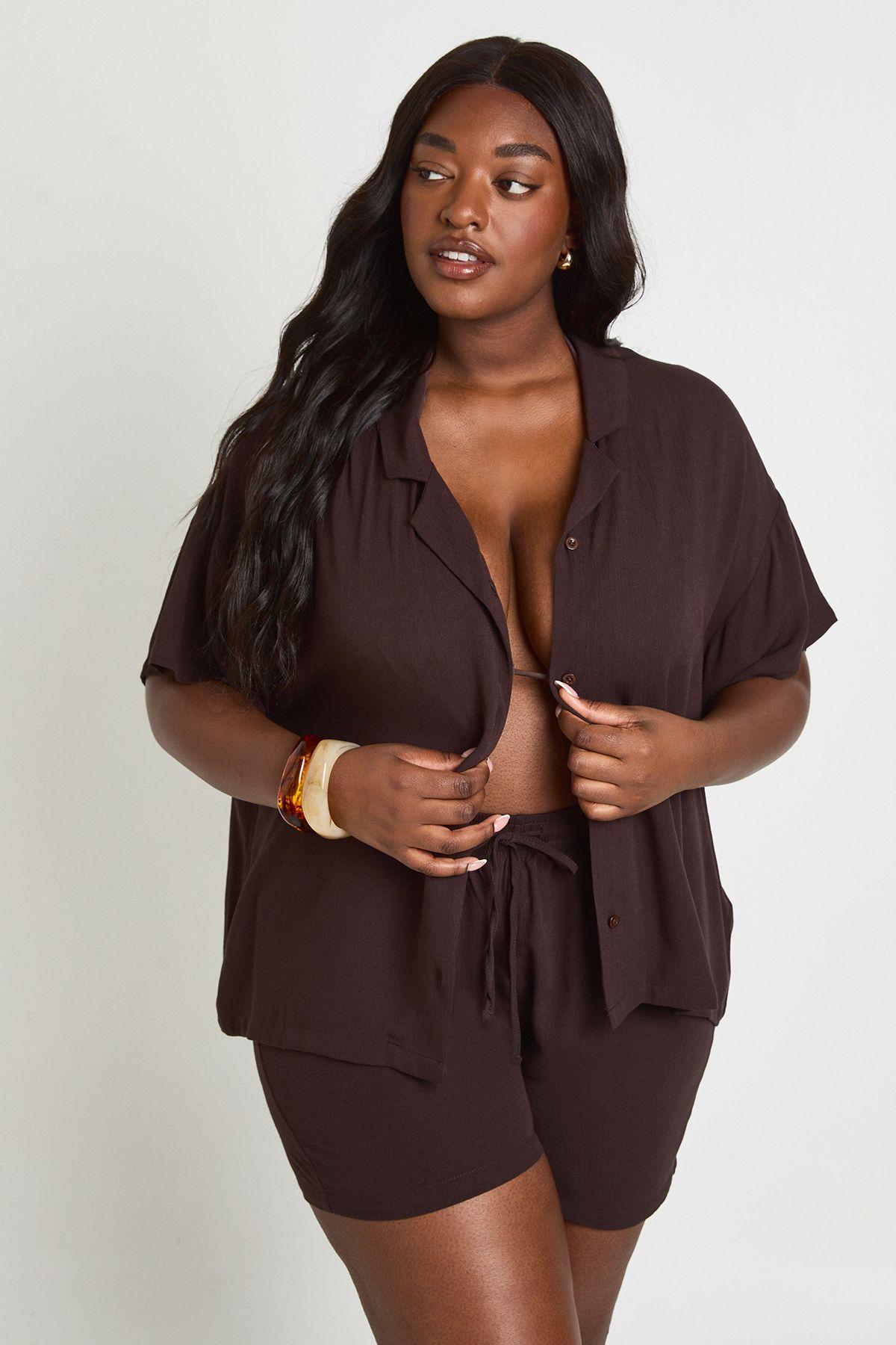 Plus Essentials Oversized Linen Look Short Sleeve Shirt by BOOHOO