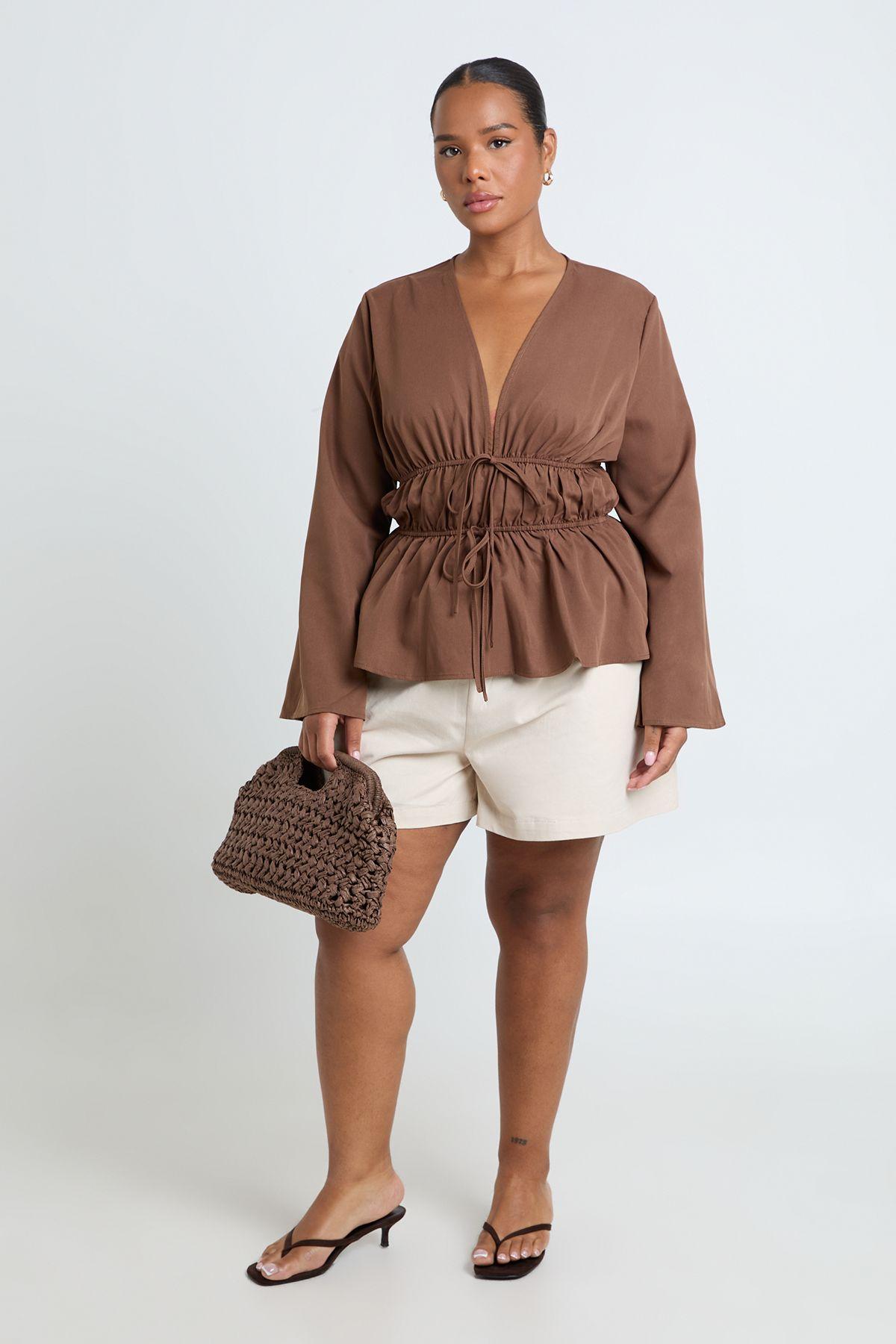 Plus Flared Sleeve Tie Front Ruched Waist Top by BOOHOO