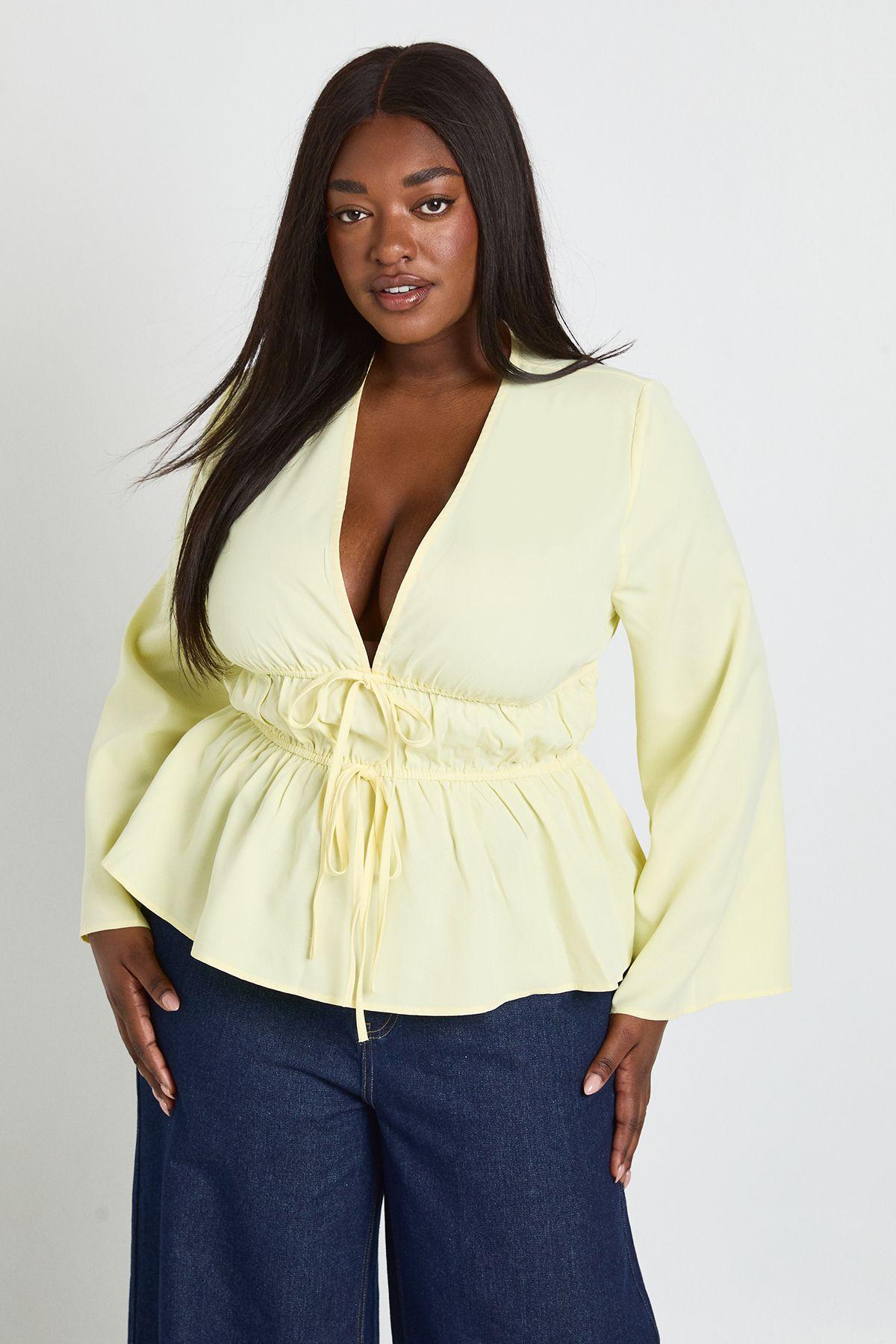 Plus Flared Sleeve Tie Front Ruched Waist Top by BOOHOO