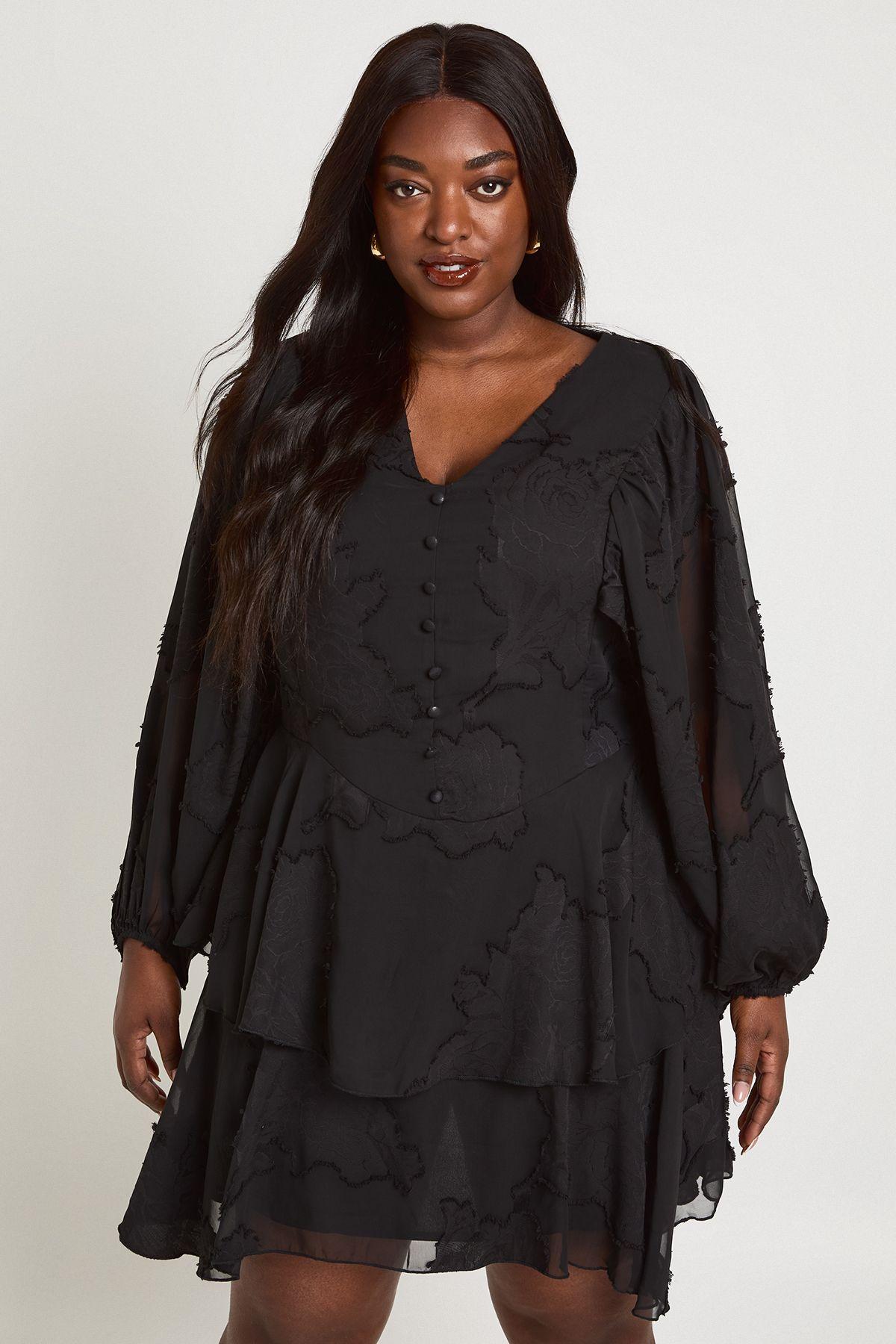 Plus Floral Burnout Volume Sleeve Ruffle Hem  Skater Dress by BOOHOO