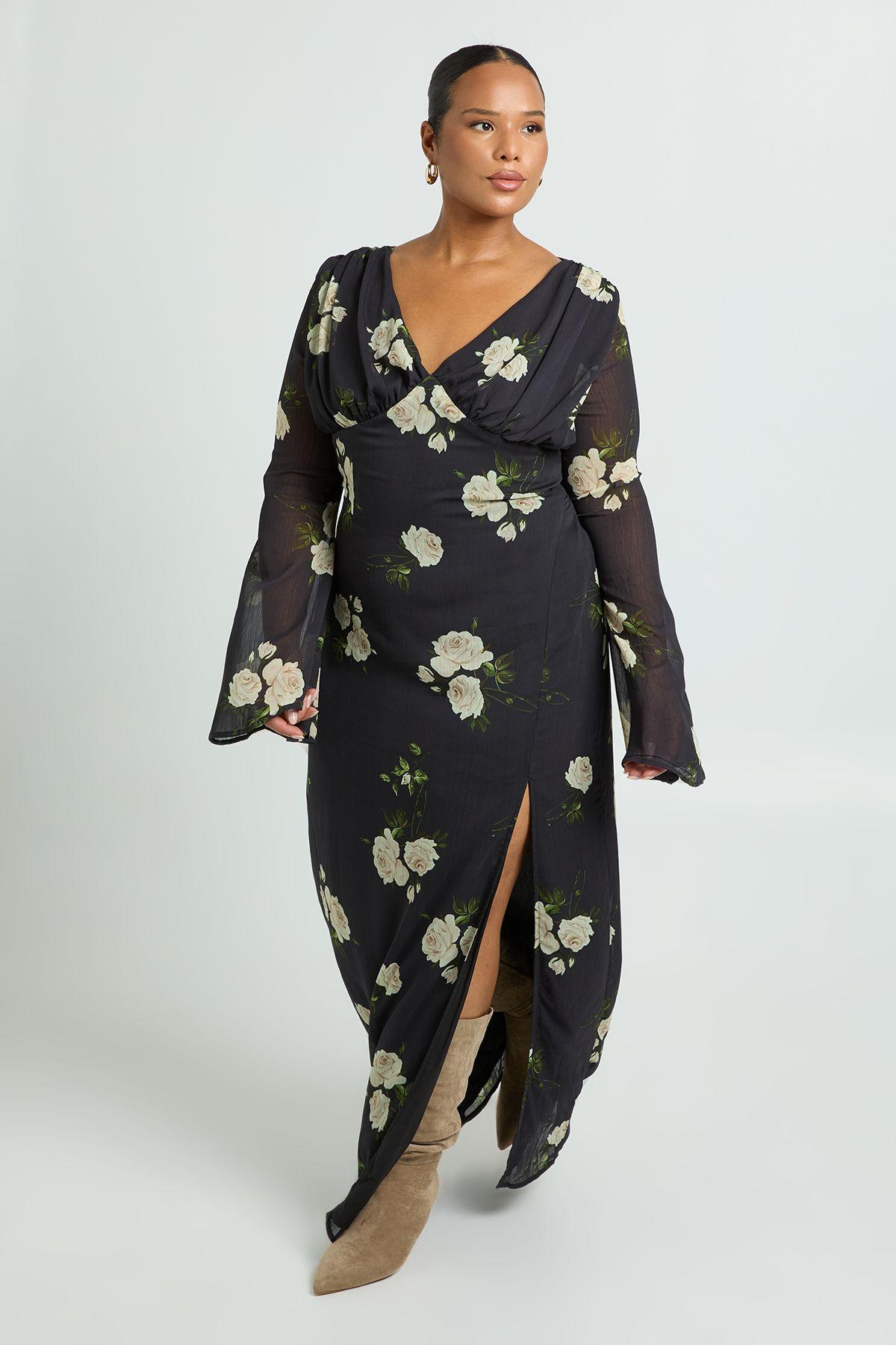 Plus Floral Chiffon Plunge Maxi Dress by BOOHOO