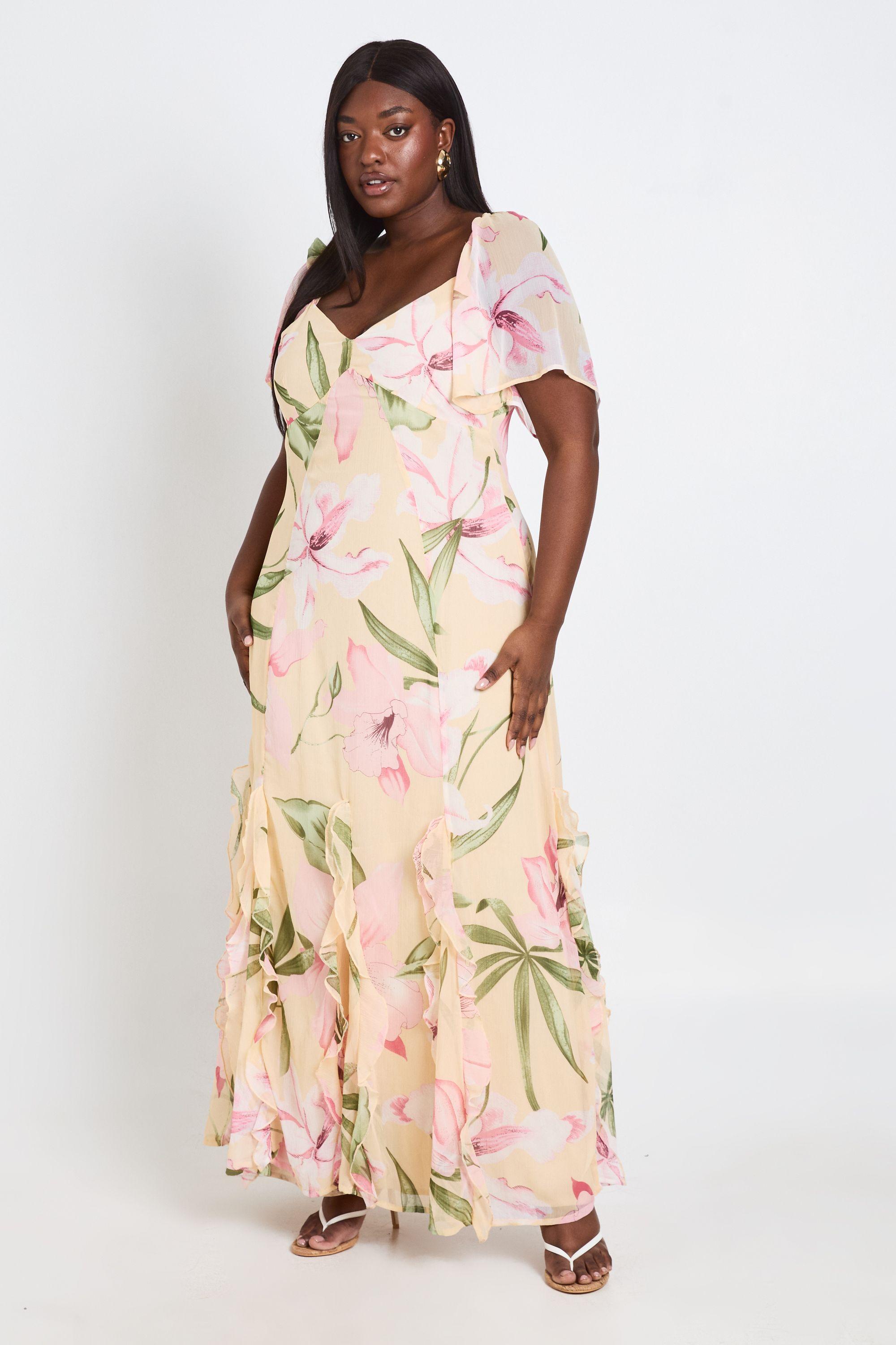 Plus Floral Chiffon Puff Sleeve Ruffle Maxi Dress by BOOHOO