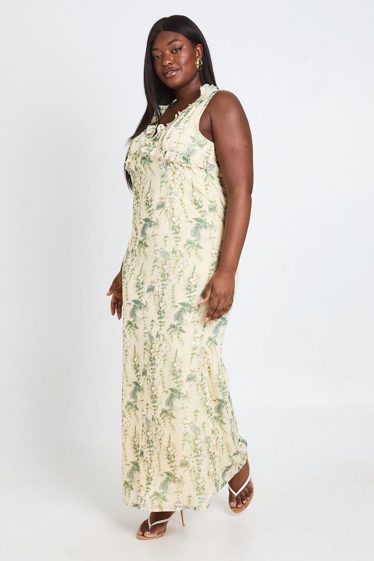 Plus Floral Chiffon Ruffle Detail Maxi Slip Dress by BOOHOO