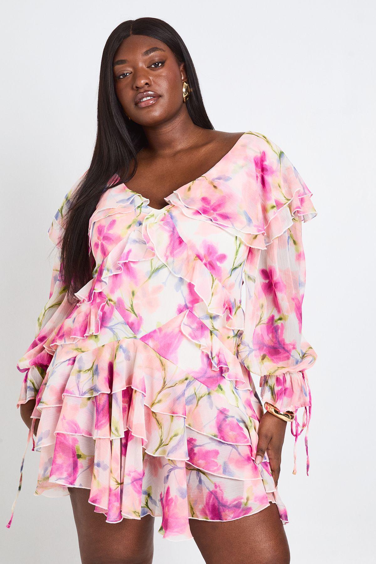 Plus Floral Chiffon Ruffle Mini Dress by BOOHOO
