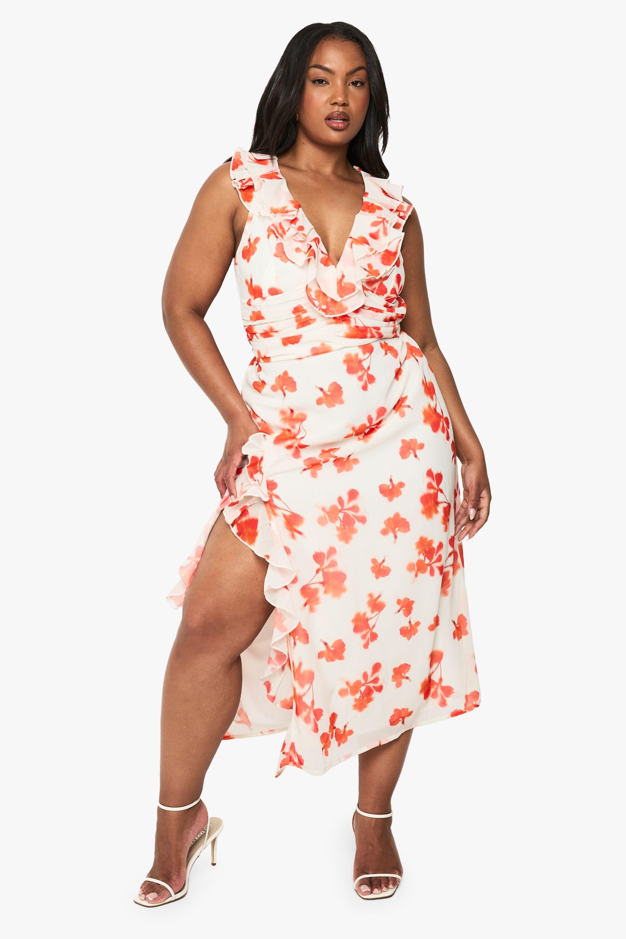 Plus Floral Chiffon Ruffle Wrap Dress by BOOHOO