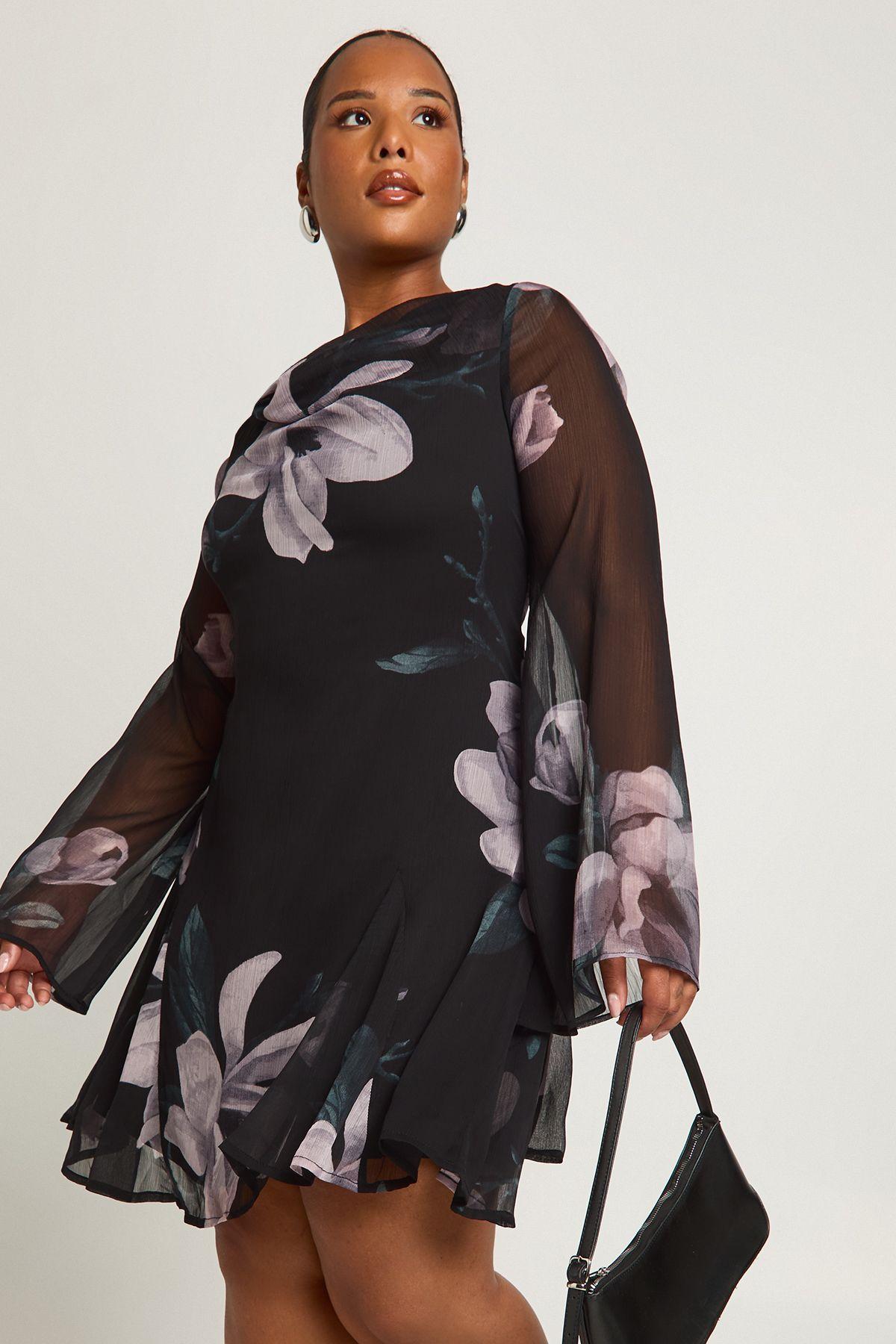 Plus Floral Long Sleeve Chiffon Mini Skater Dress by BOOHOO